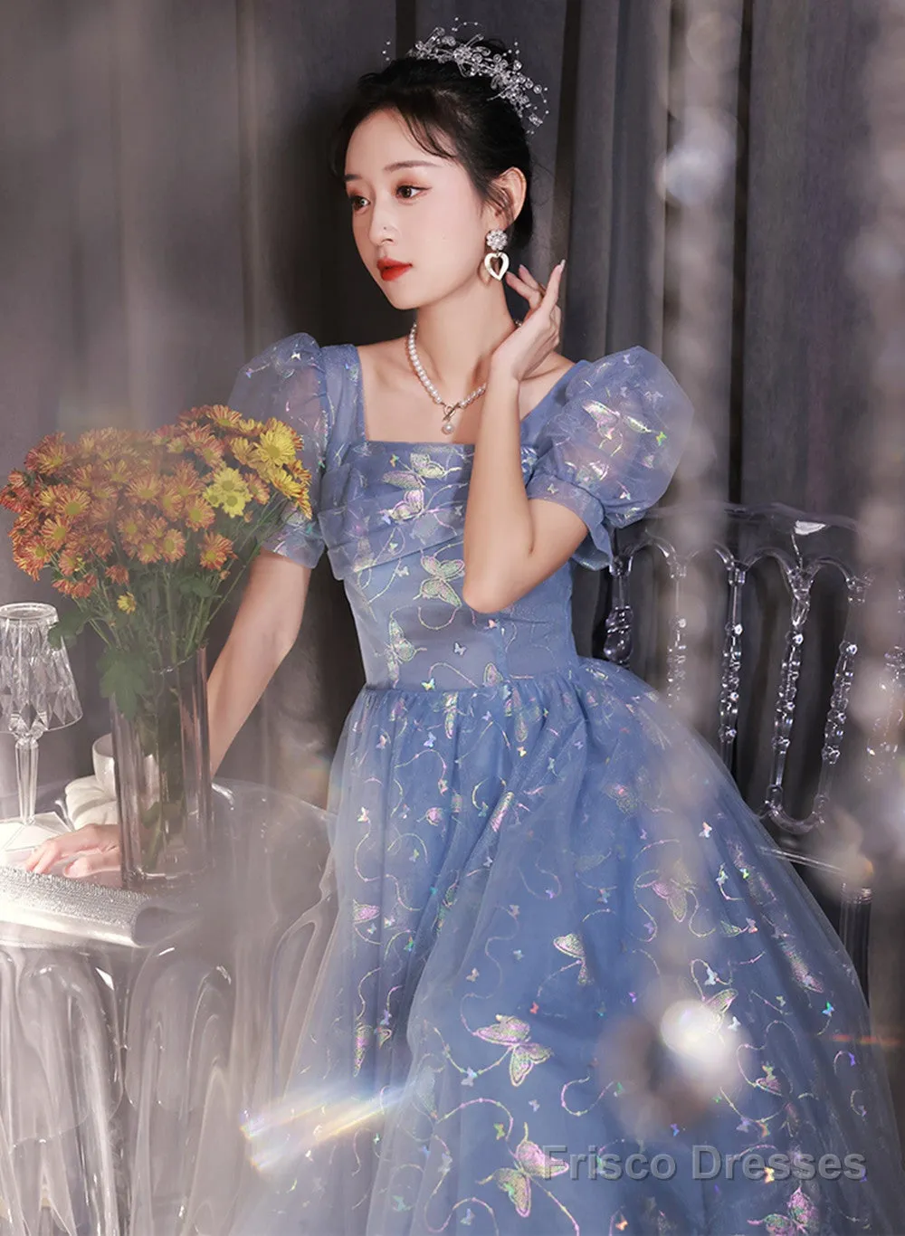 Beautiful A-Line Tulle Short Sleeves Formal Dress, Lovely Tulle Long Formal Dress Prom Dress