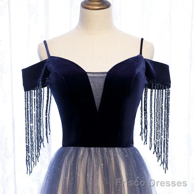 Beautiful Blue Gradient Tulle Long Party Dresses,A-Line Off Shoulder Formal Dresses