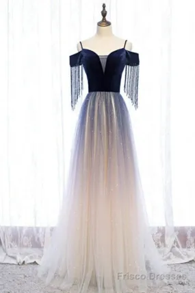 Beautiful Blue Gradient Tulle Long Party Dresses,A-Line Off Shoulder Formal Dresses
