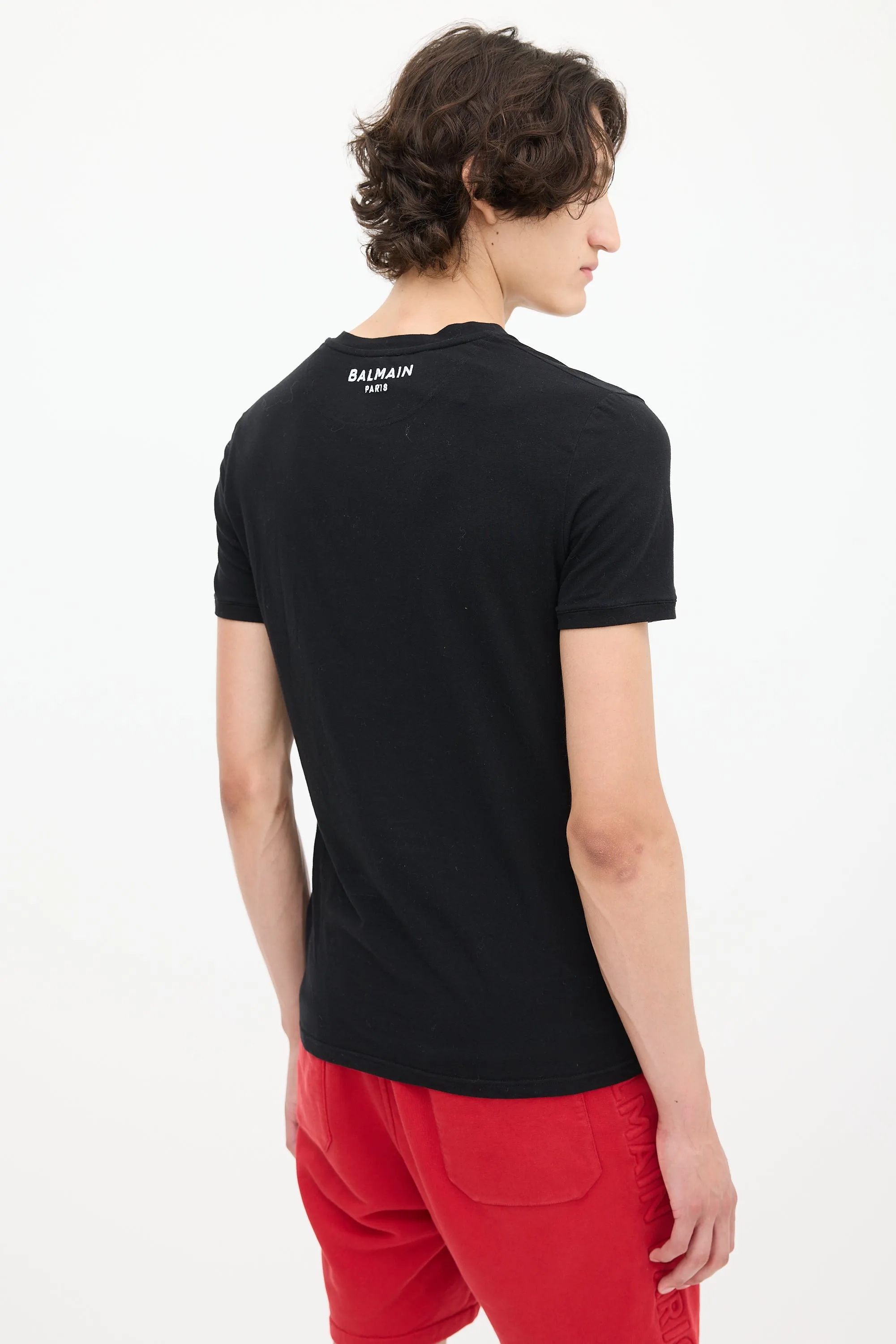 Black Cotton Embroidered V-Neck T-Shirt