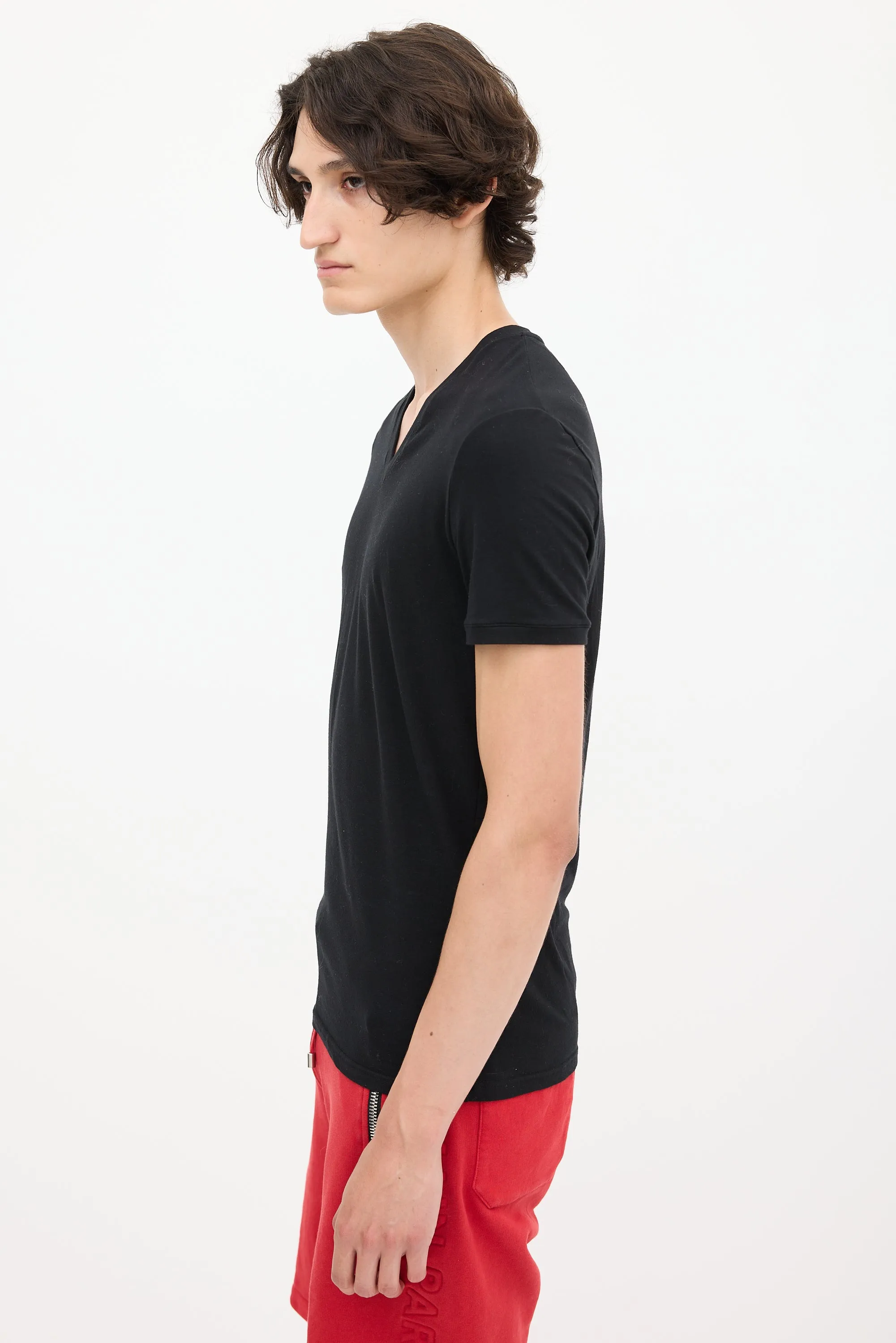 Black Cotton Embroidered V-Neck T-Shirt