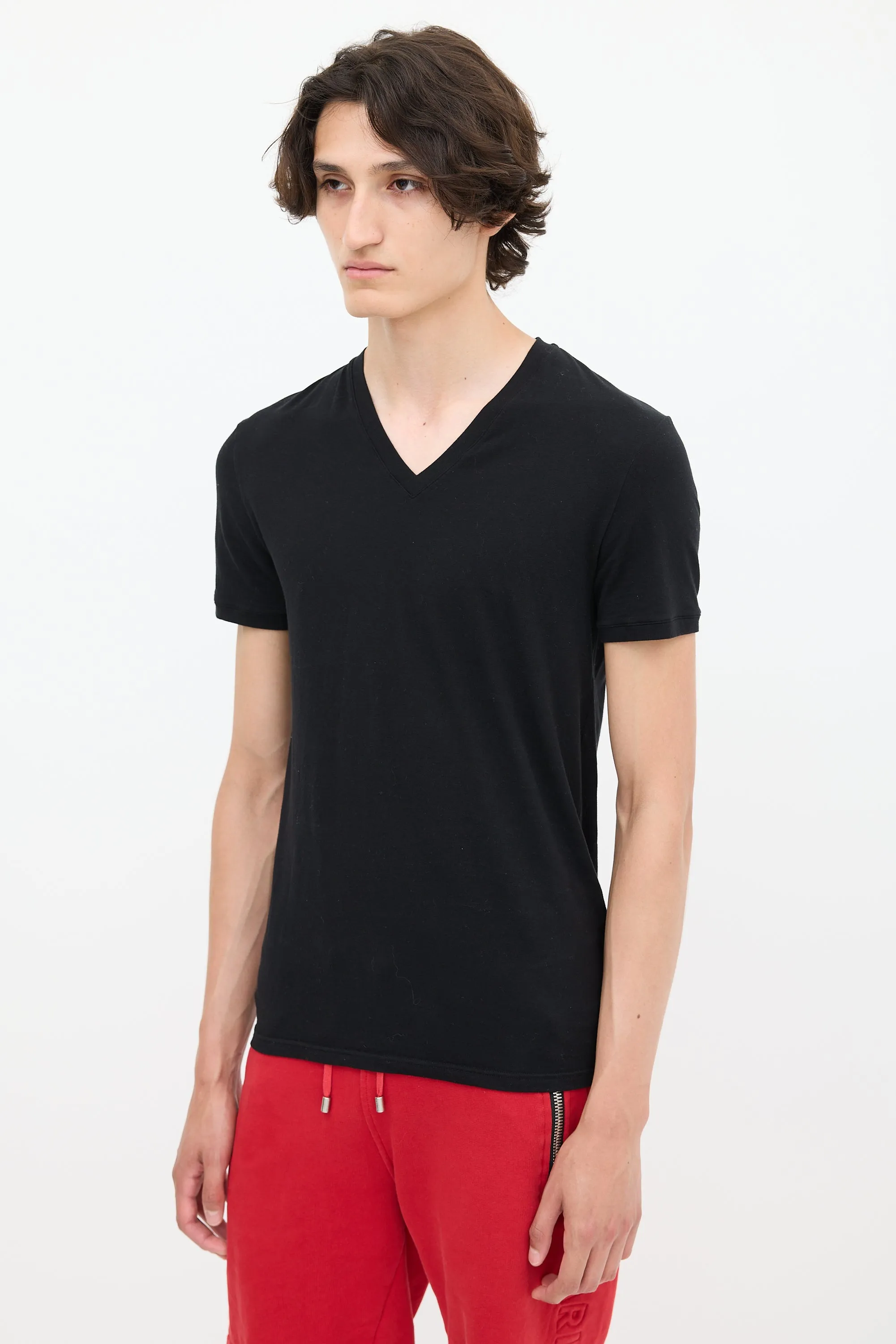 Black Cotton Embroidered V-Neck T-Shirt