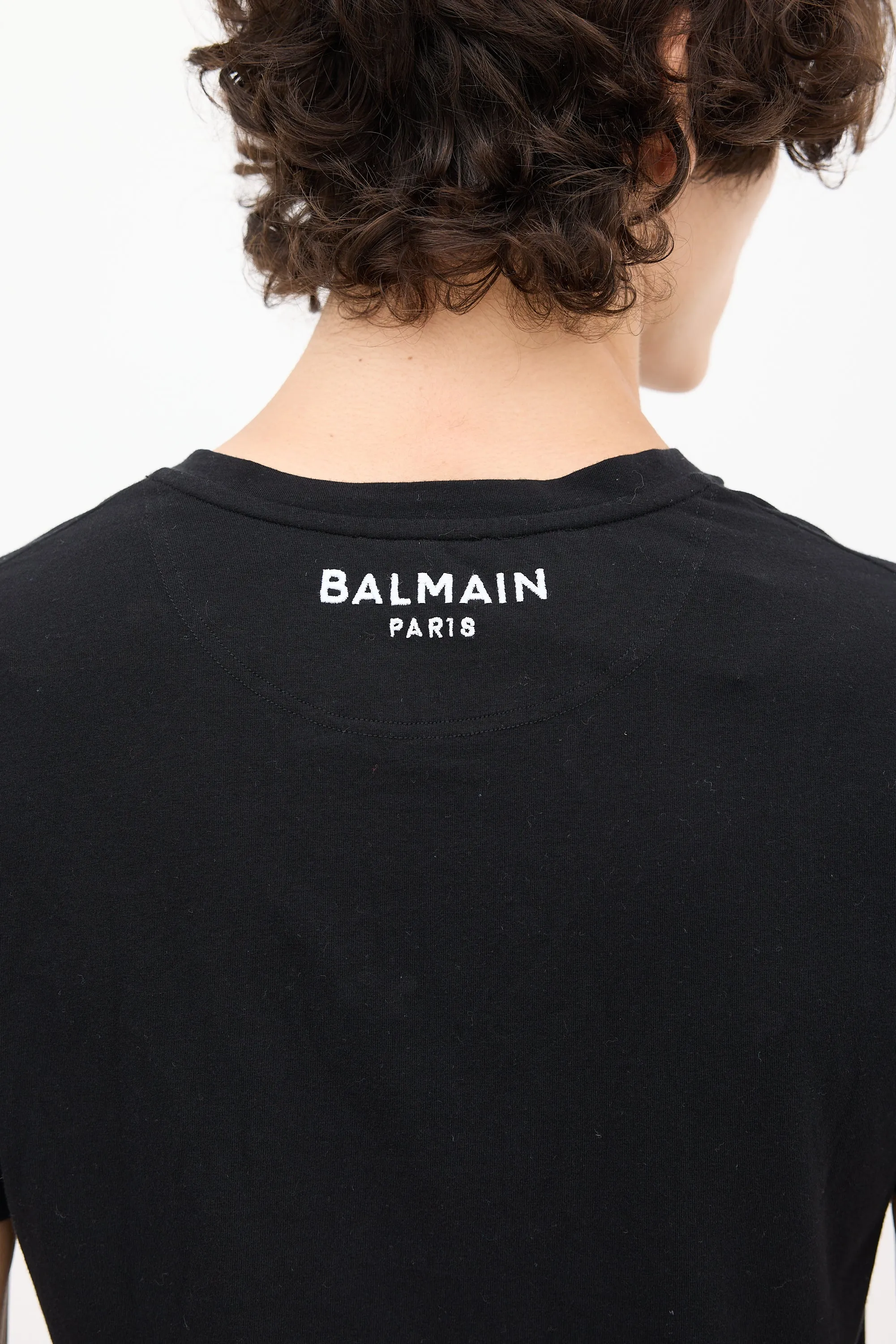 Black Cotton Embroidered V-Neck T-Shirt