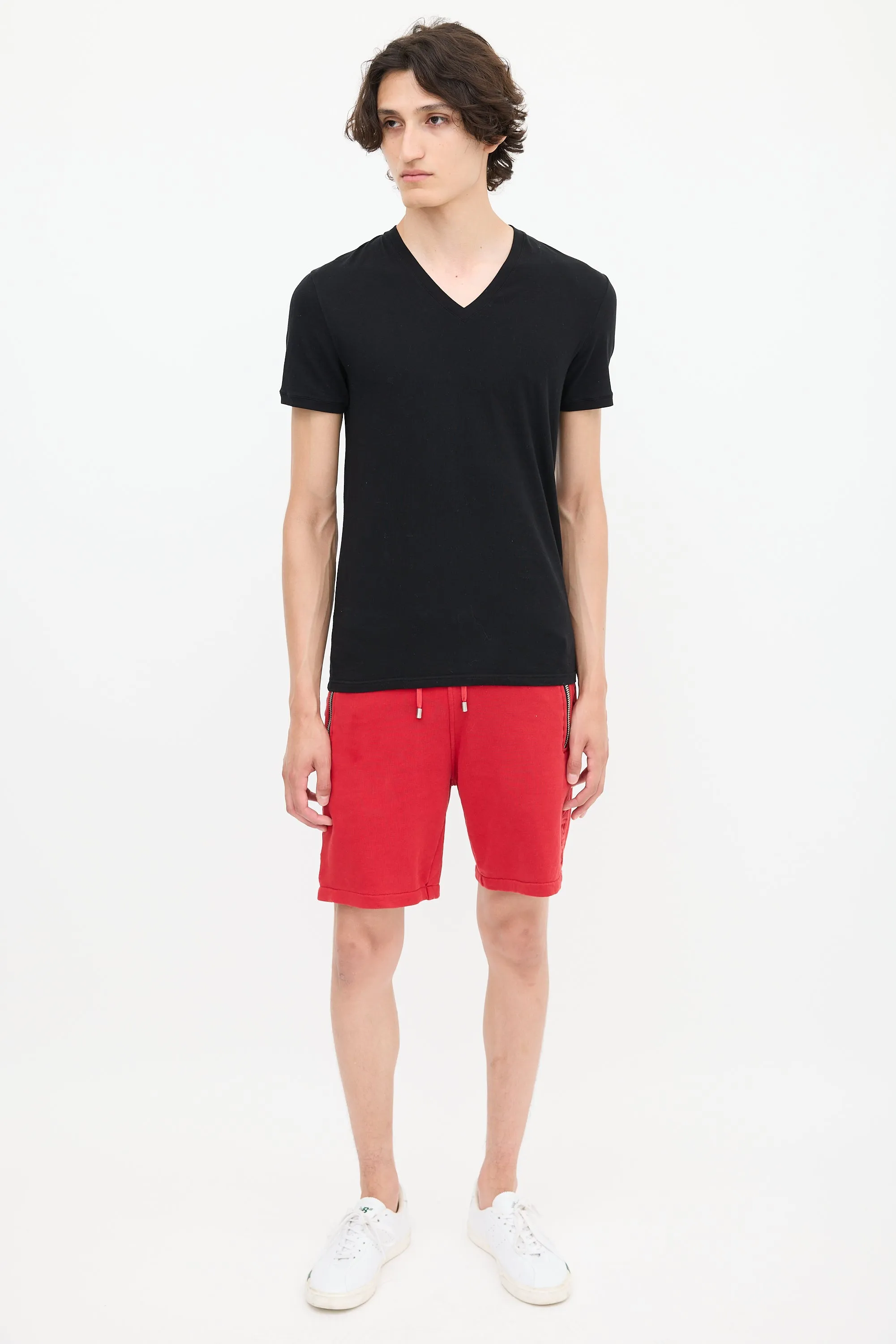 Black Cotton Embroidered V-Neck T-Shirt