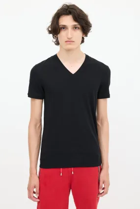 Black Cotton Embroidered V-Neck T-Shirt