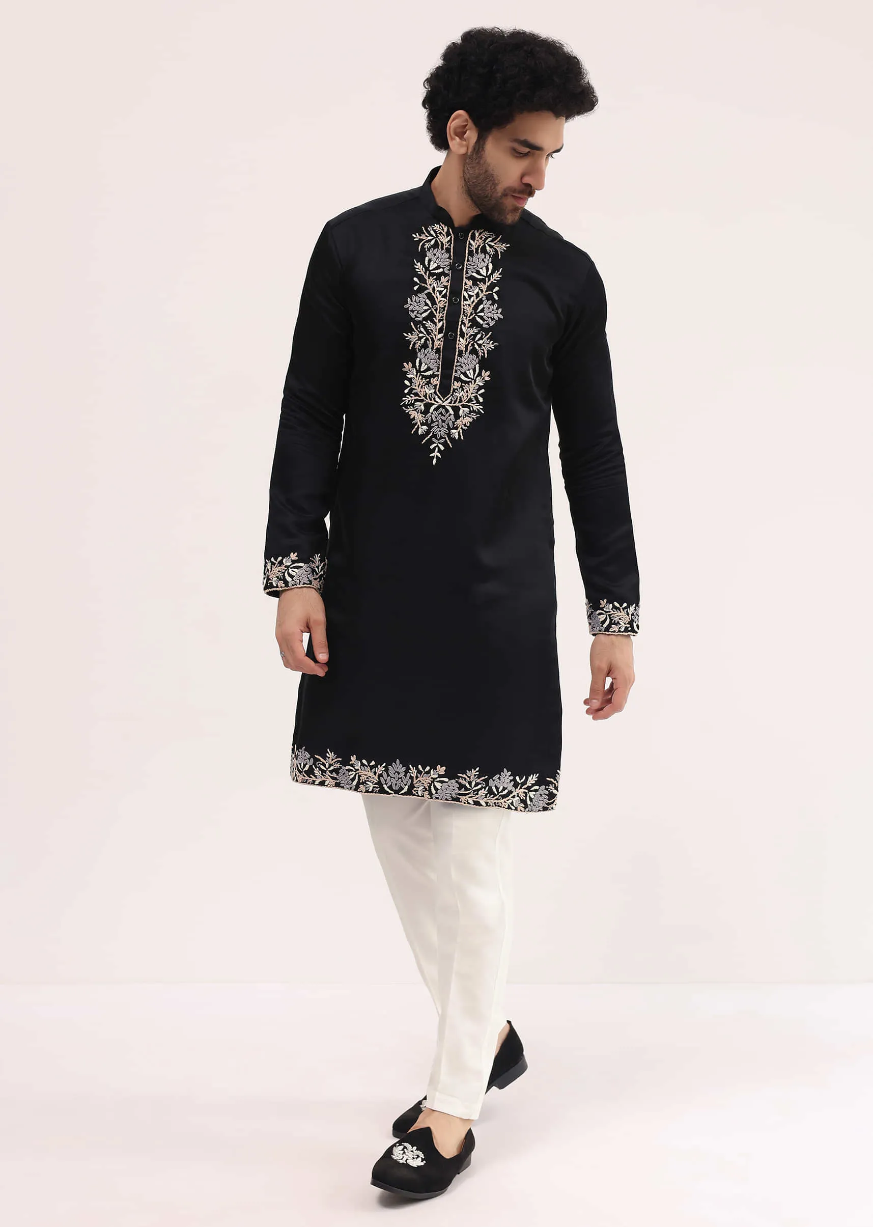 Black Linen Kurta Set With Resham Work For Men