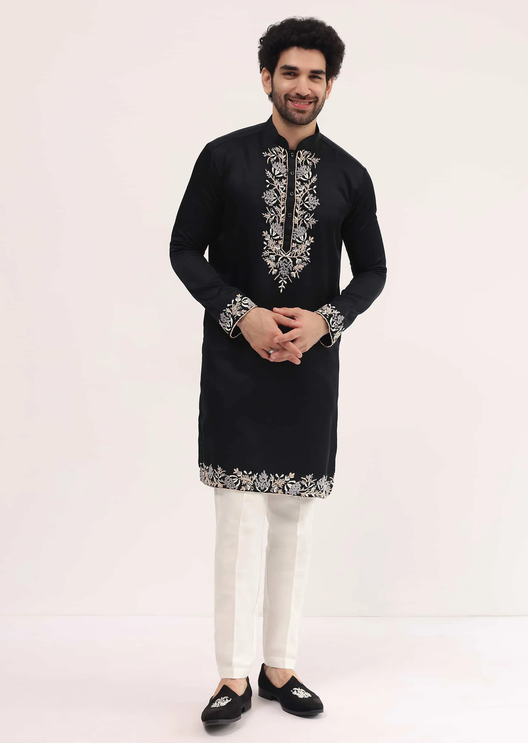 Black Linen Kurta Set With Resham Work For Men