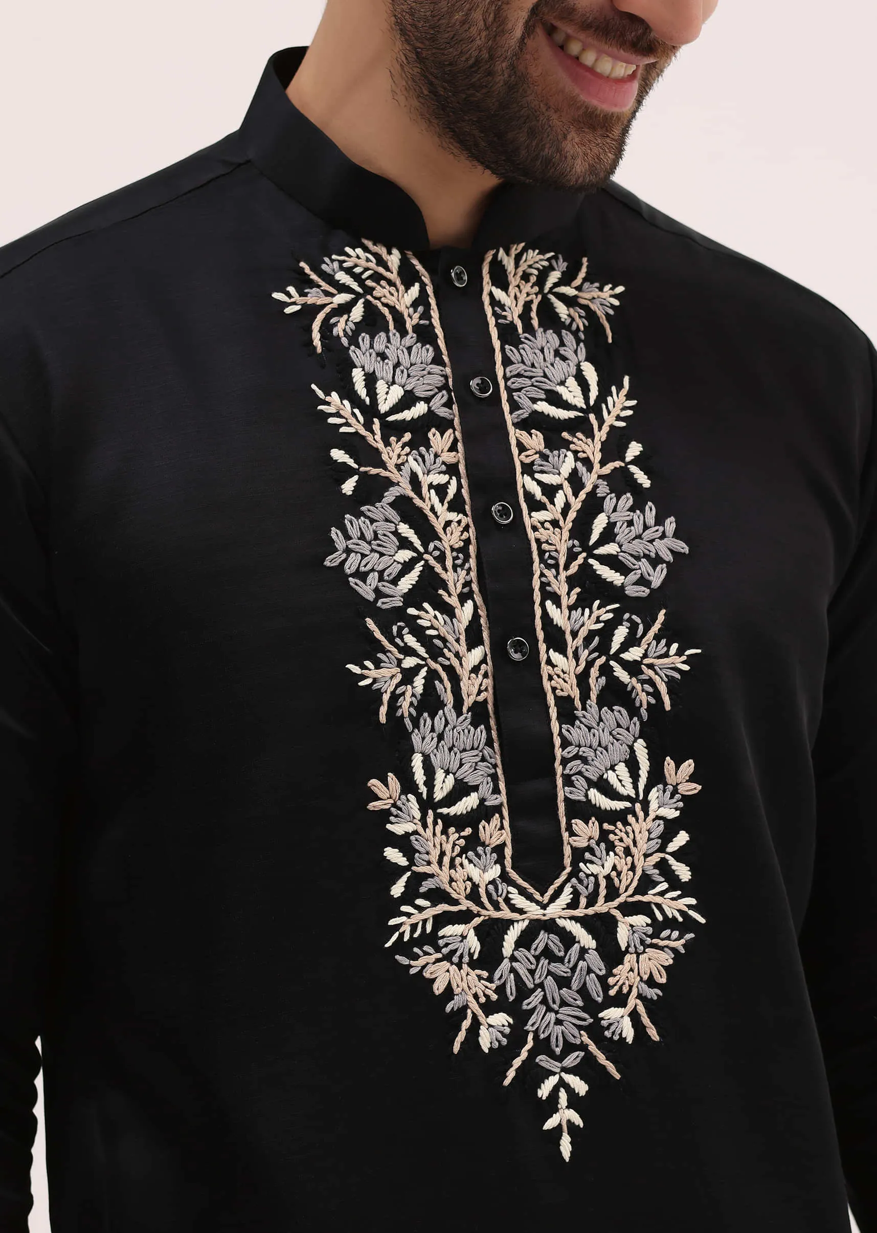 Black Linen Kurta Set With Resham Work For Men