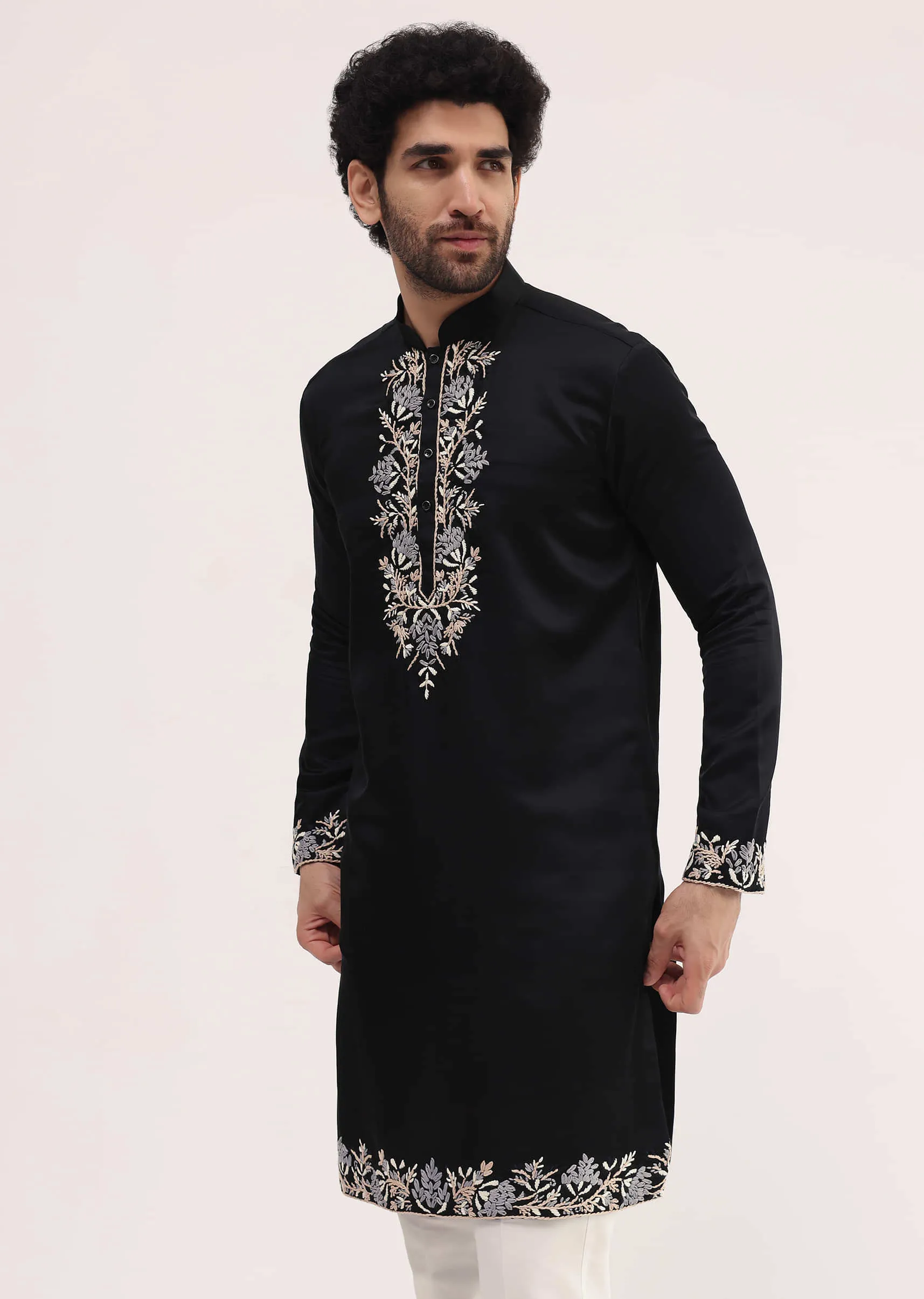 Black Linen Kurta Set With Resham Work For Men