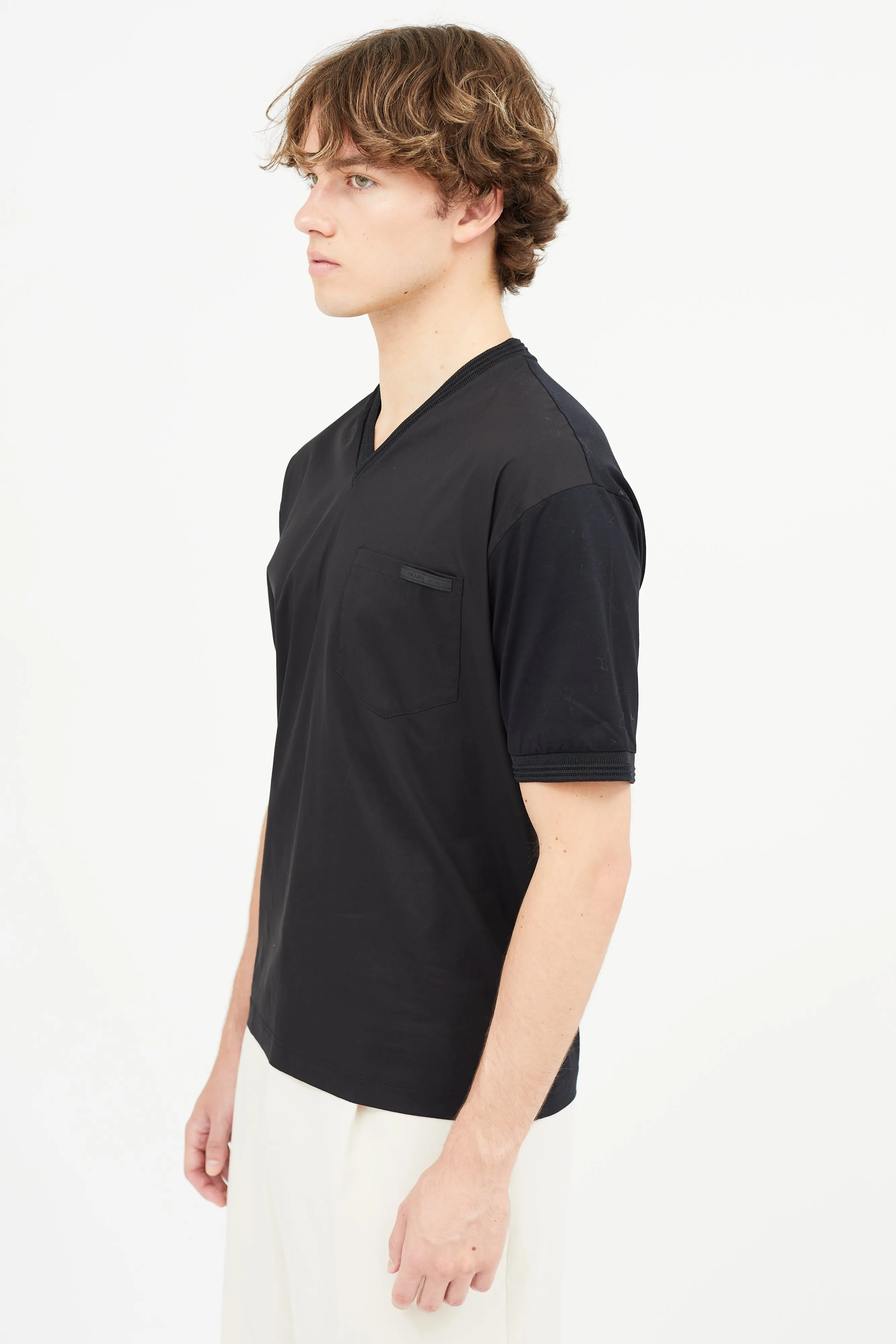 Black Nylon & Cotton V-Neck T-Shirt