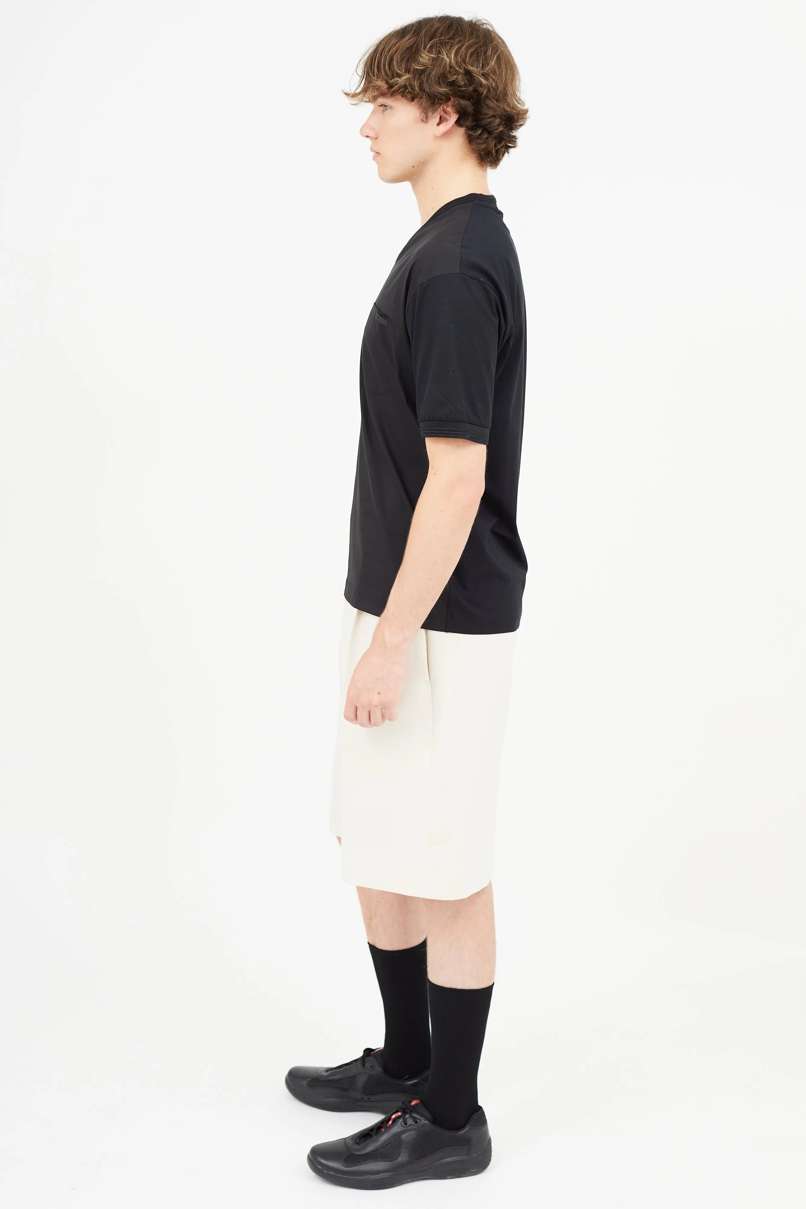 Black Nylon & Cotton V-Neck T-Shirt