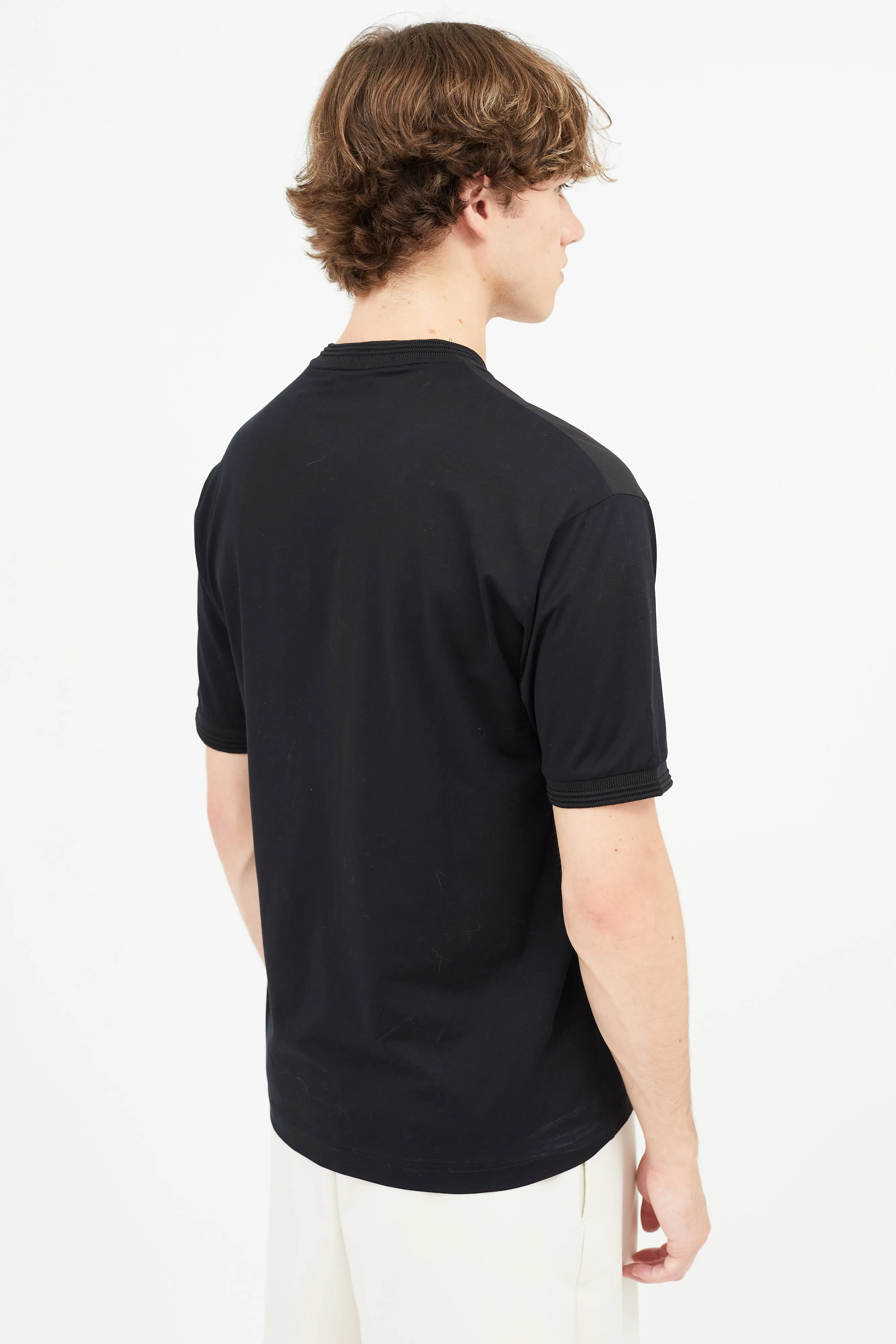 Black Nylon & Cotton V-Neck T-Shirt