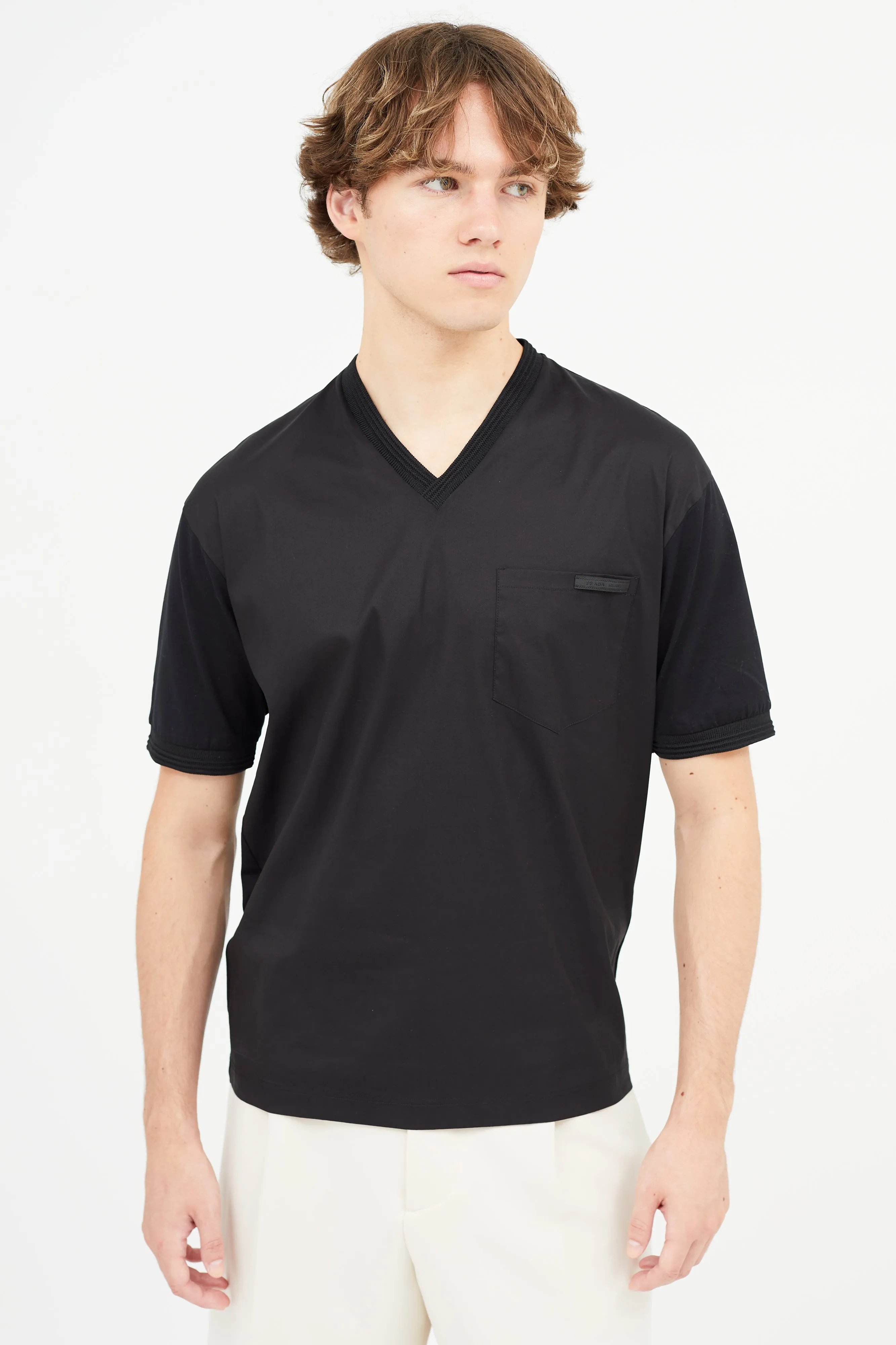 Black Nylon & Cotton V-Neck T-Shirt