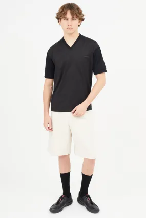 Black Nylon & Cotton V-Neck T-Shirt