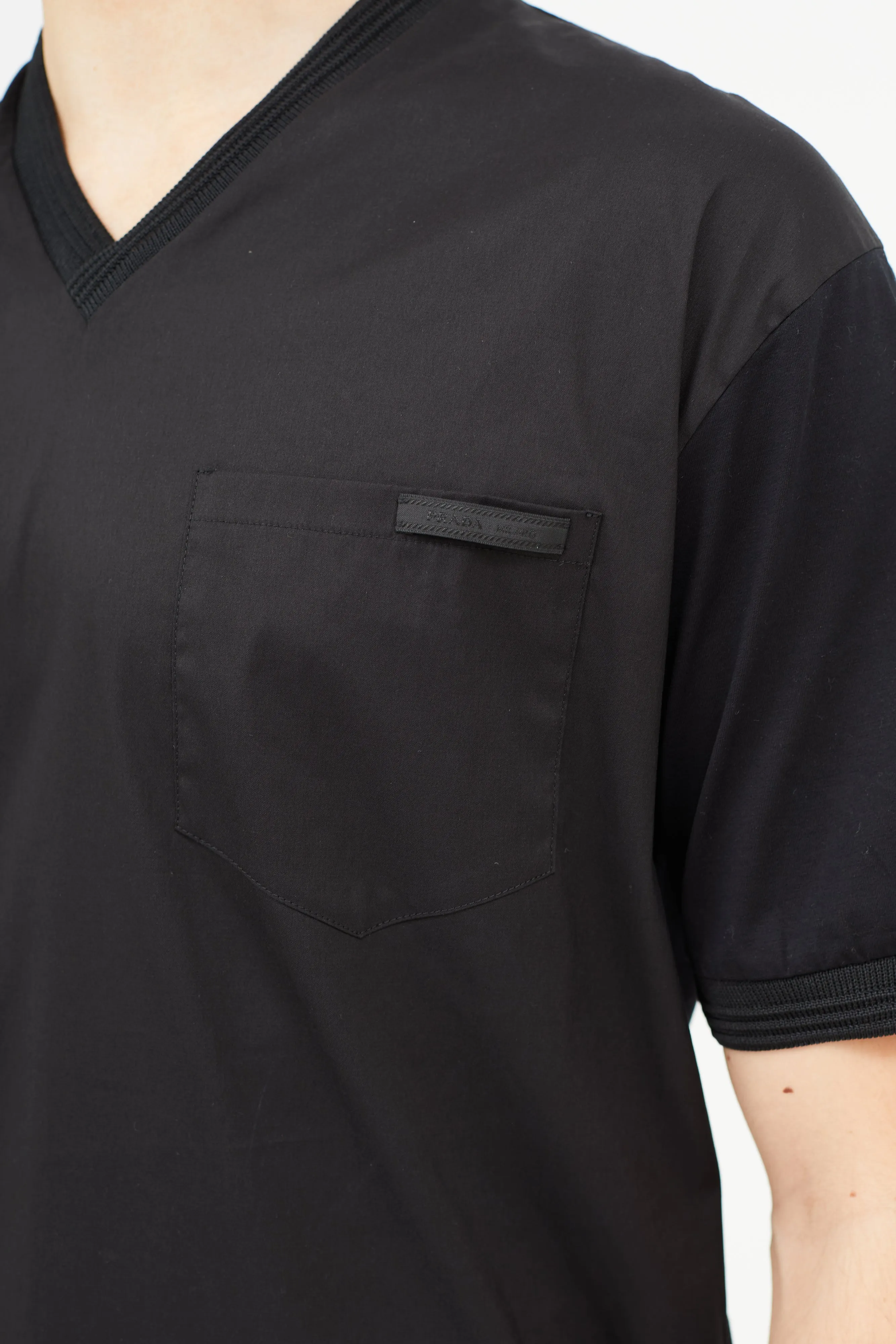 Black Nylon & Cotton V-Neck T-Shirt