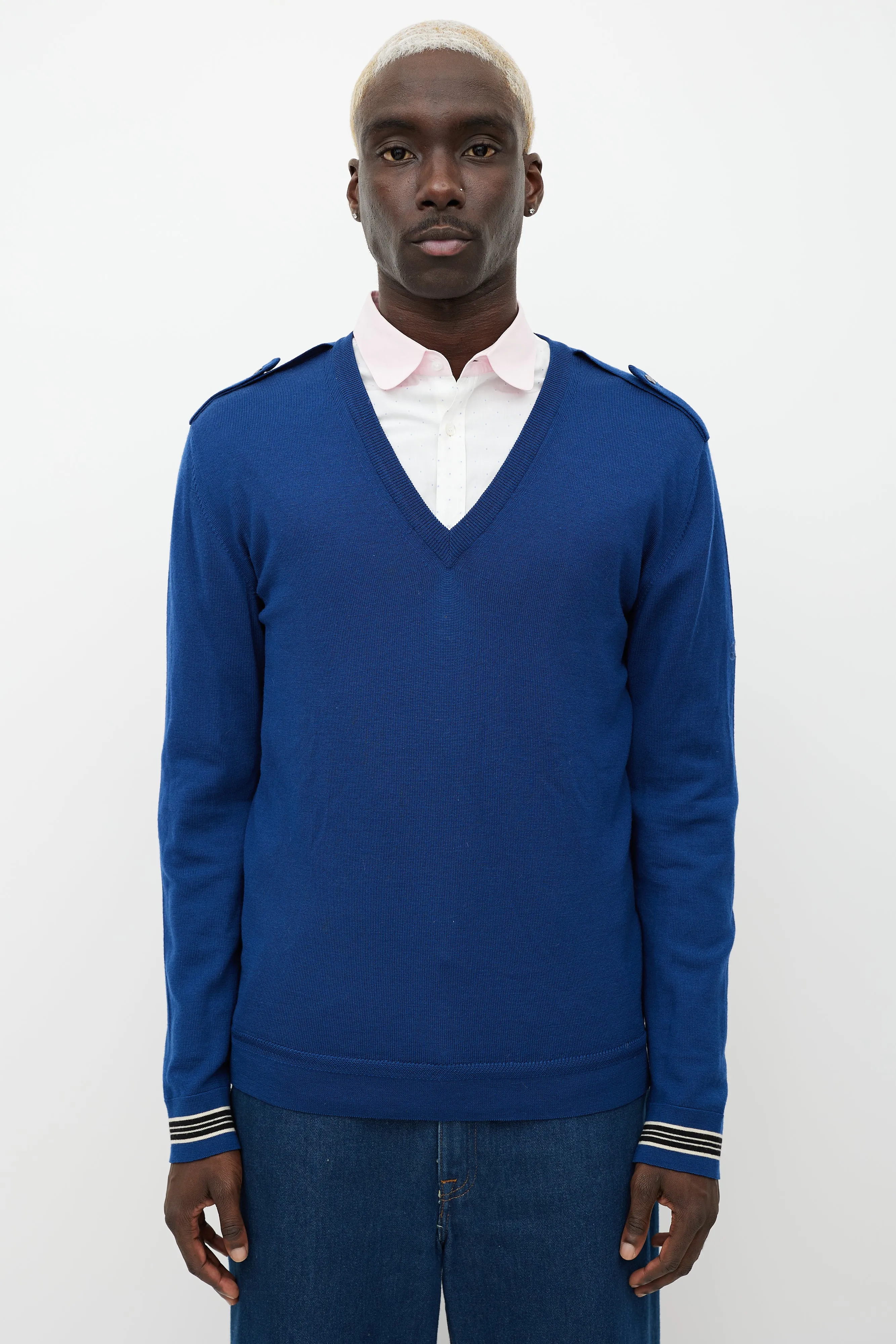 Blue Wool Knit Epaulette Sweater