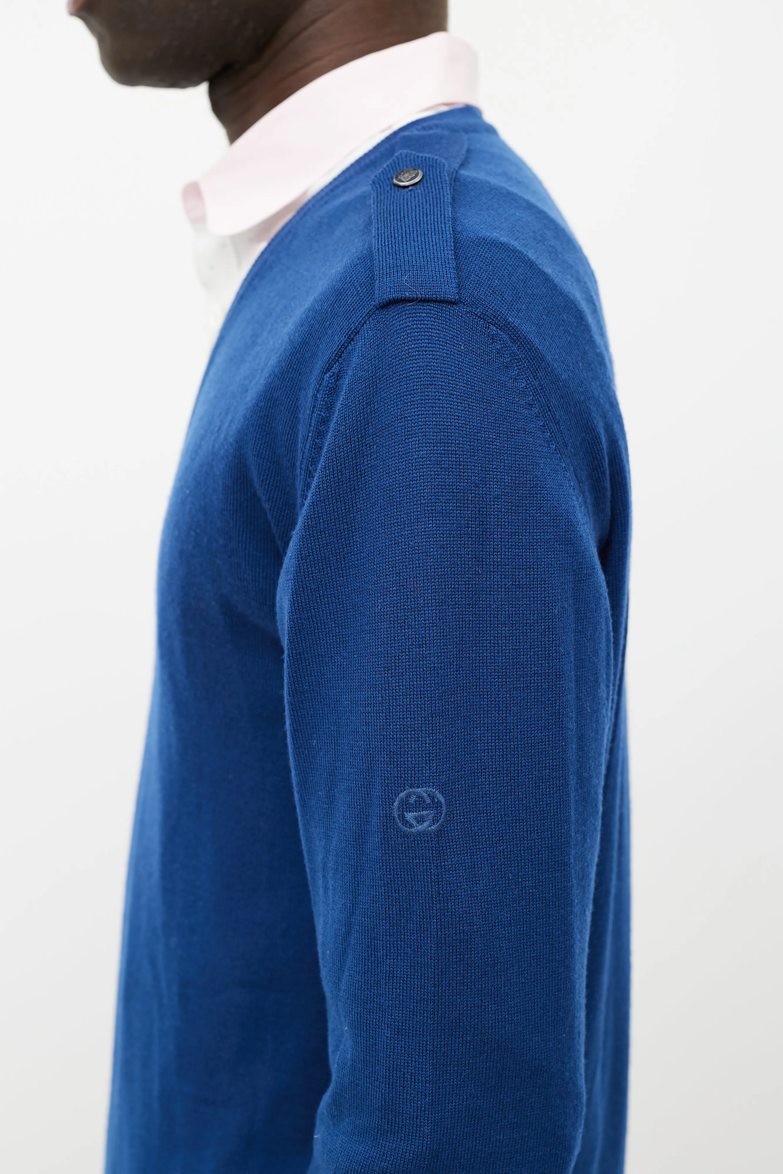 Blue Wool Knit Epaulette Sweater