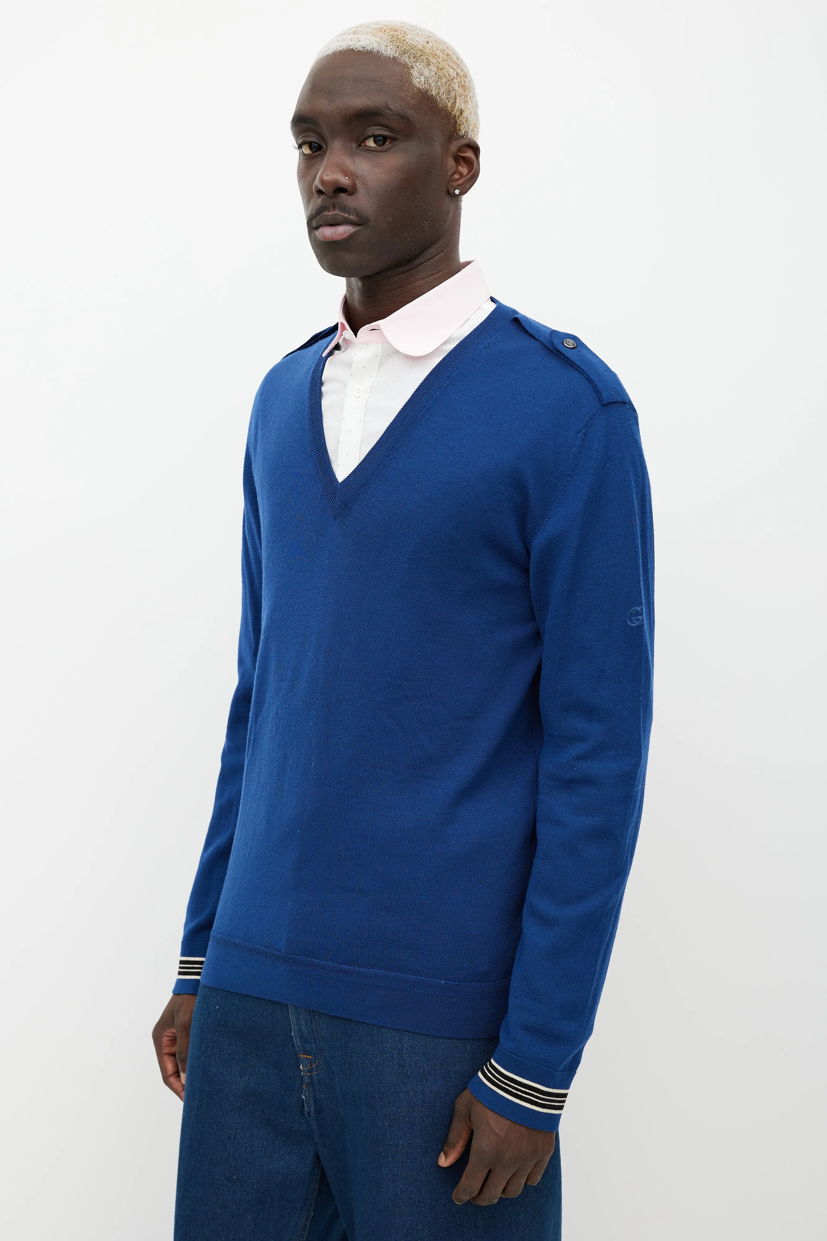 Blue Wool Knit Epaulette Sweater