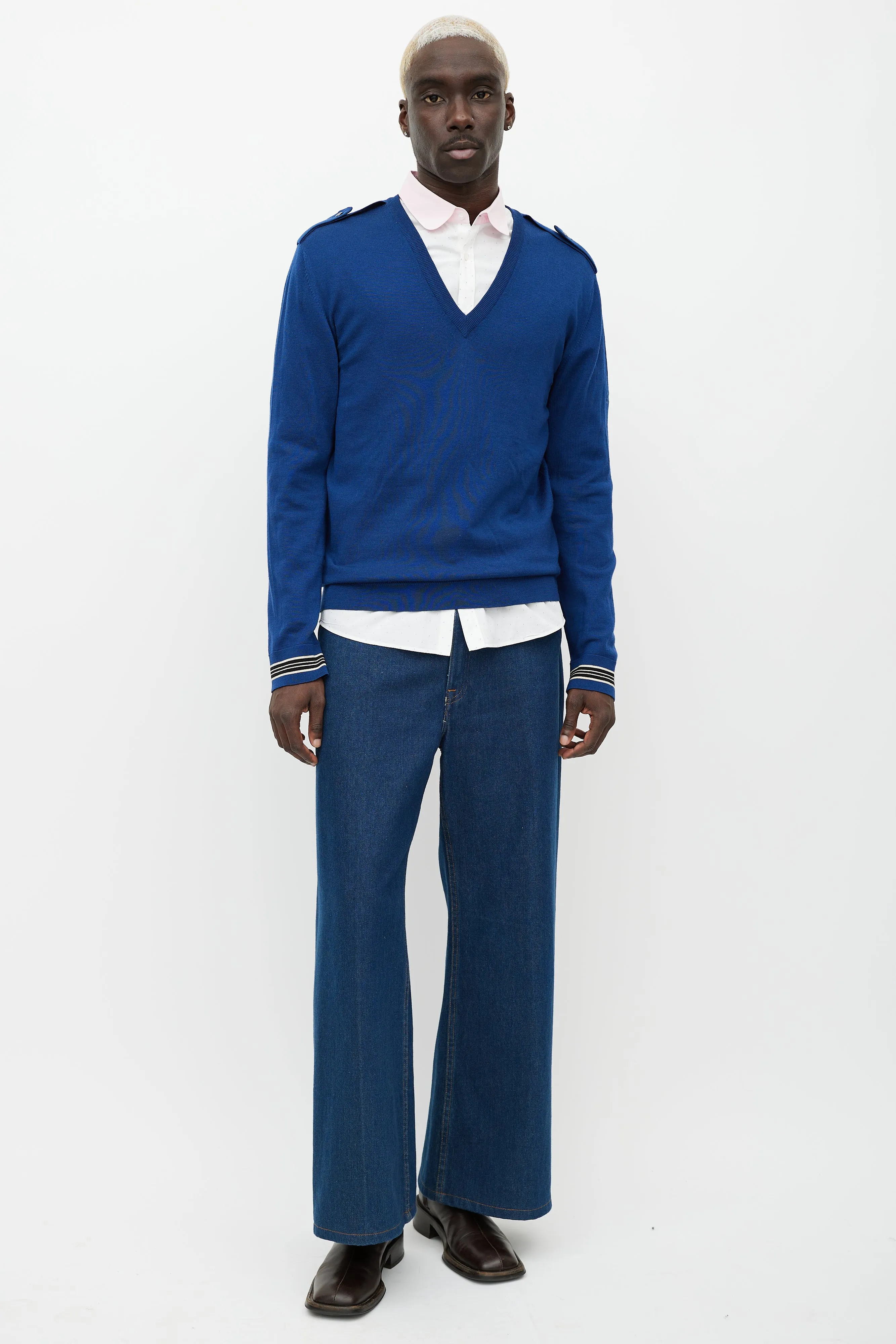Blue Wool Knit Epaulette Sweater