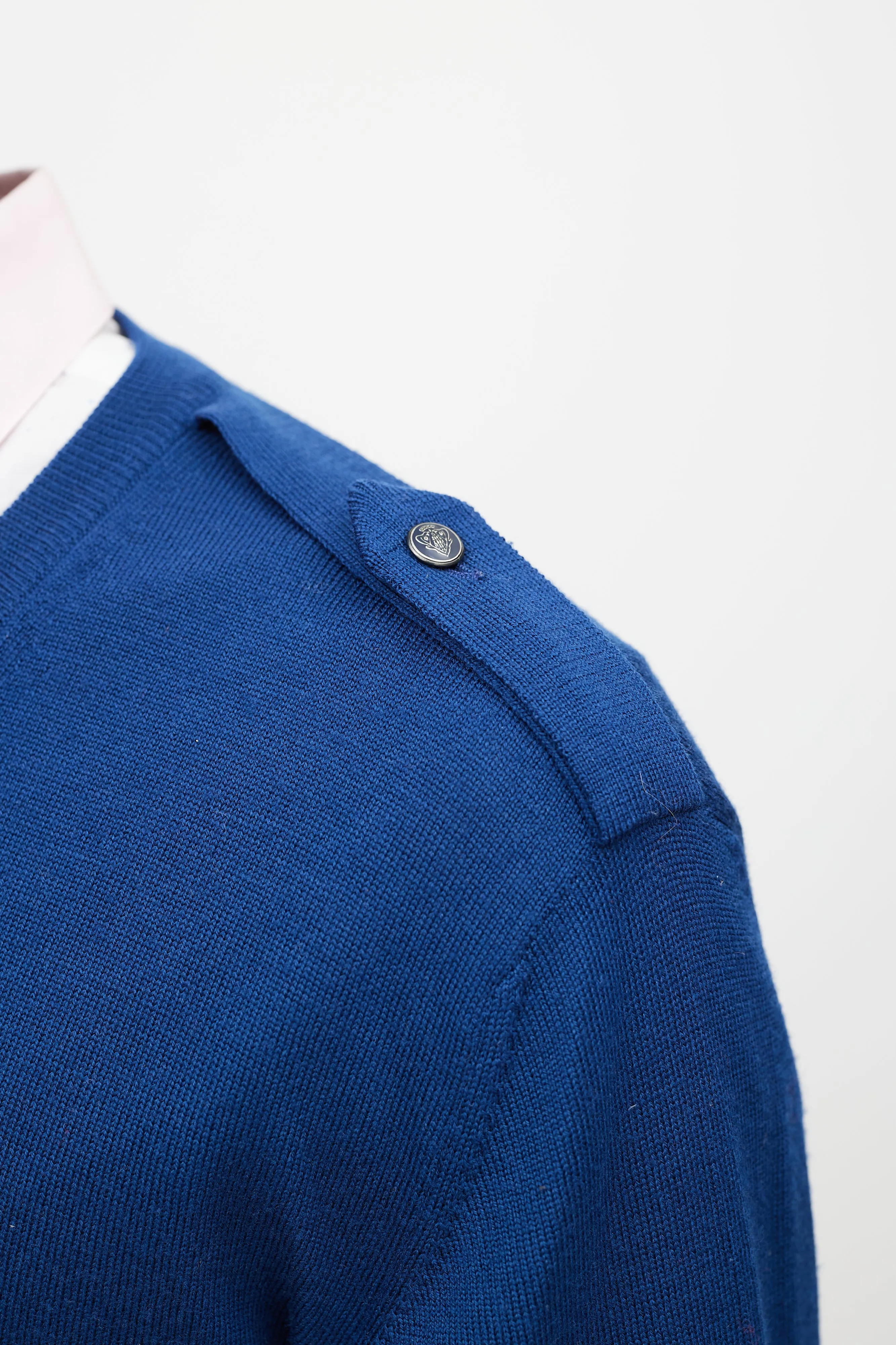 Blue Wool Knit Epaulette Sweater