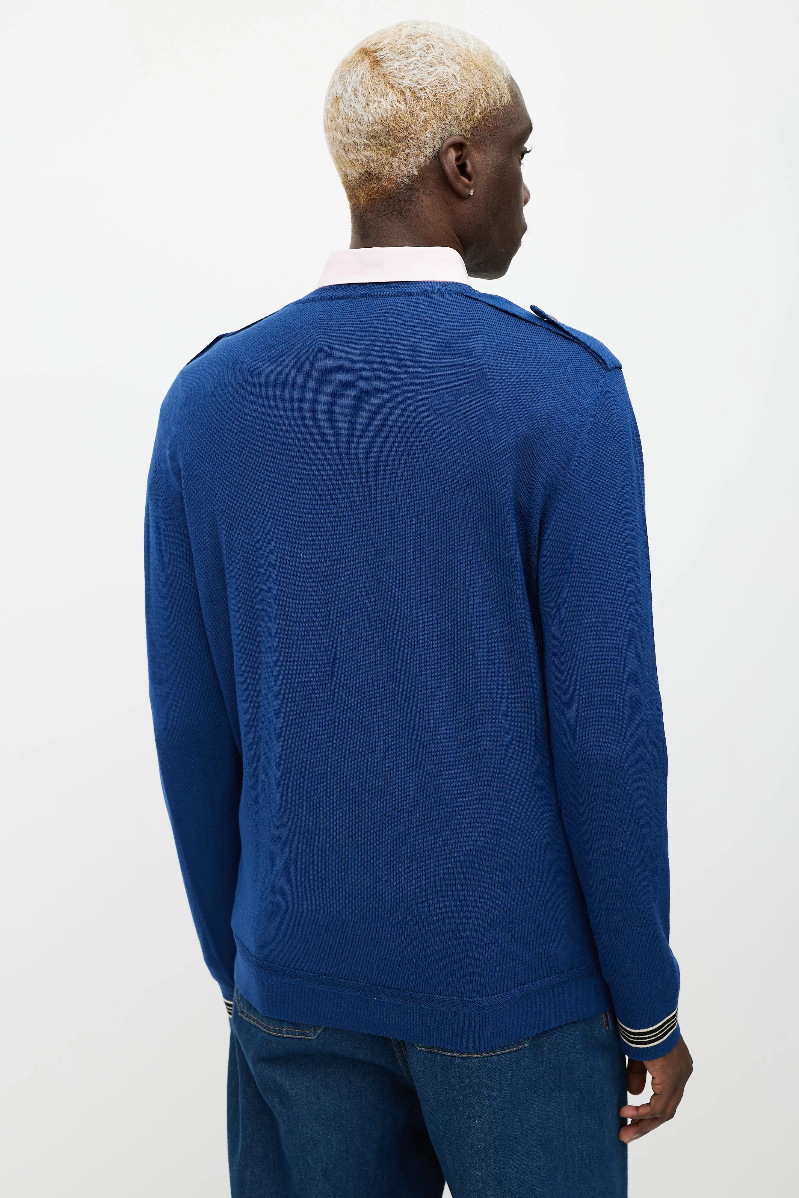 Blue Wool Knit Epaulette Sweater