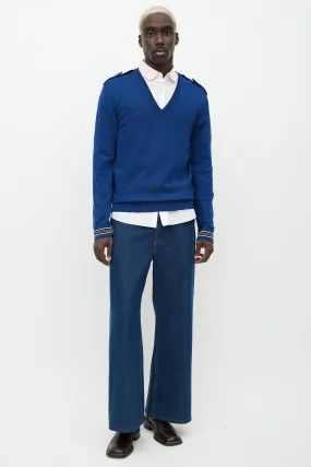 Blue Wool Knit Epaulette Sweater