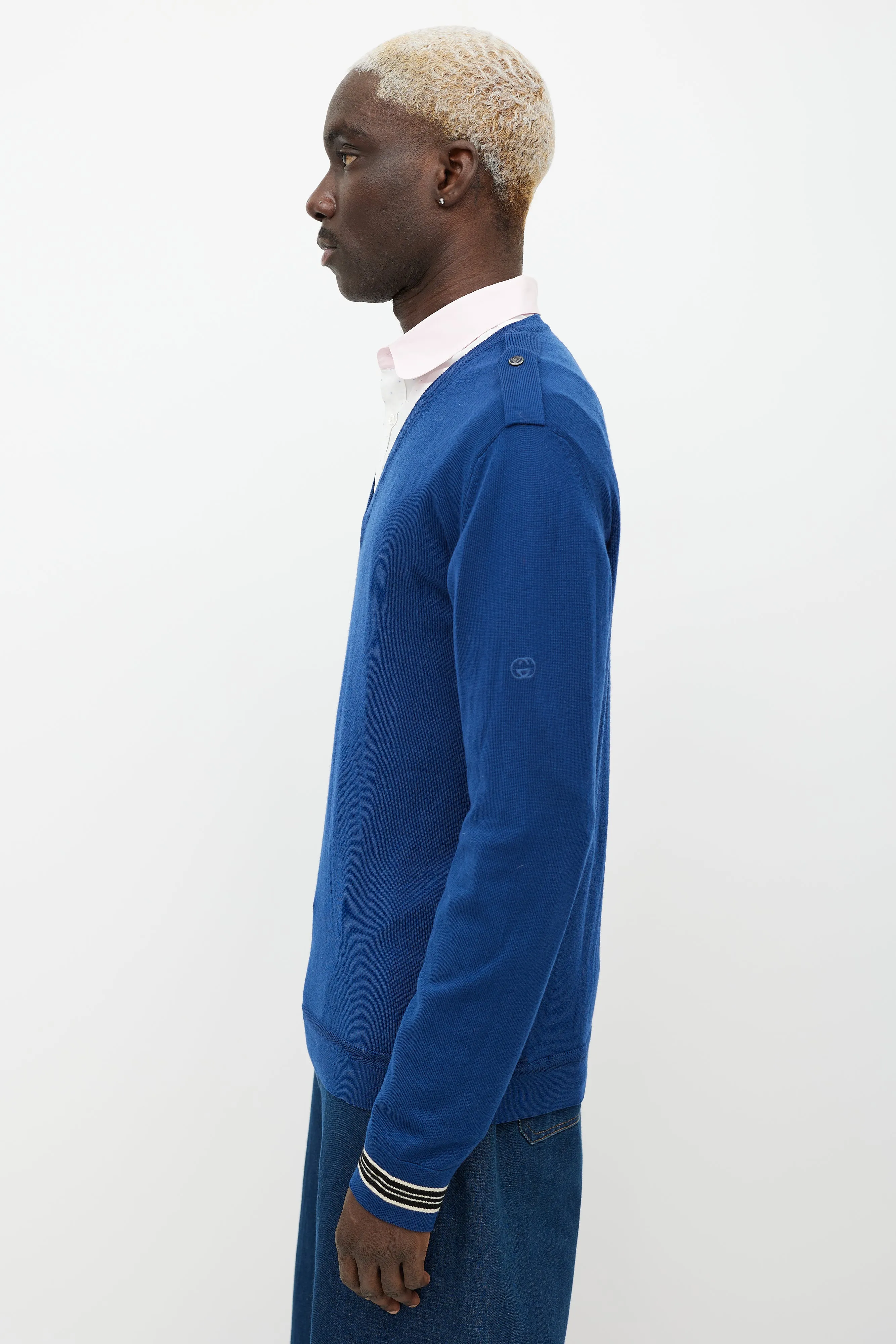 Blue Wool Knit Epaulette Sweater