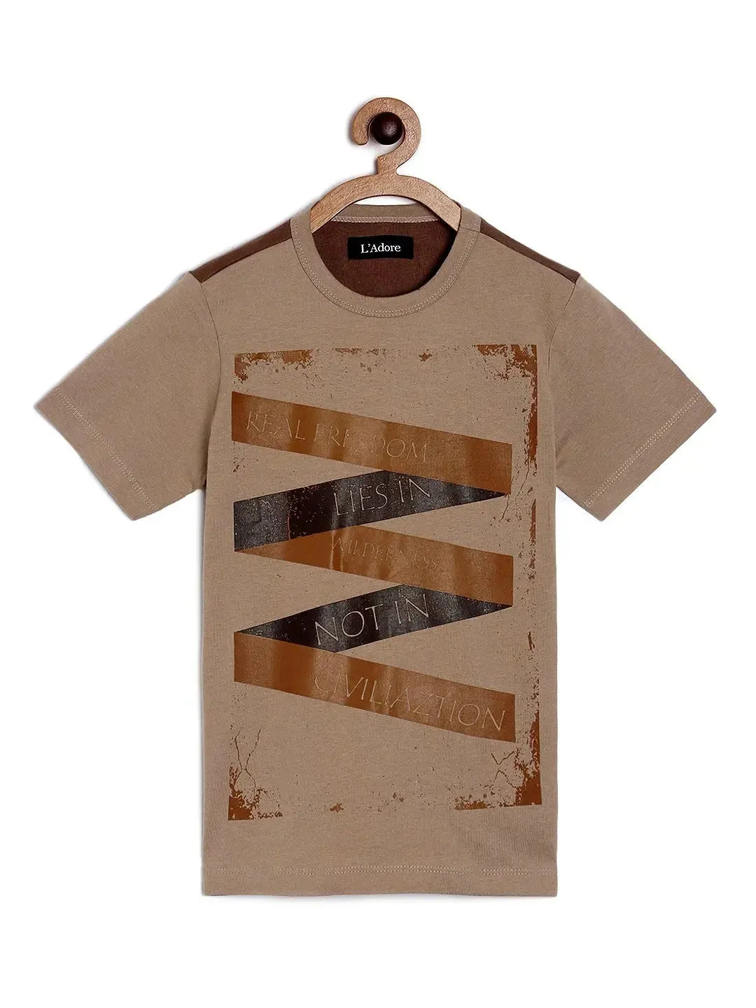 Boys Brown Zig Zag Printed Cotton T-shirt
