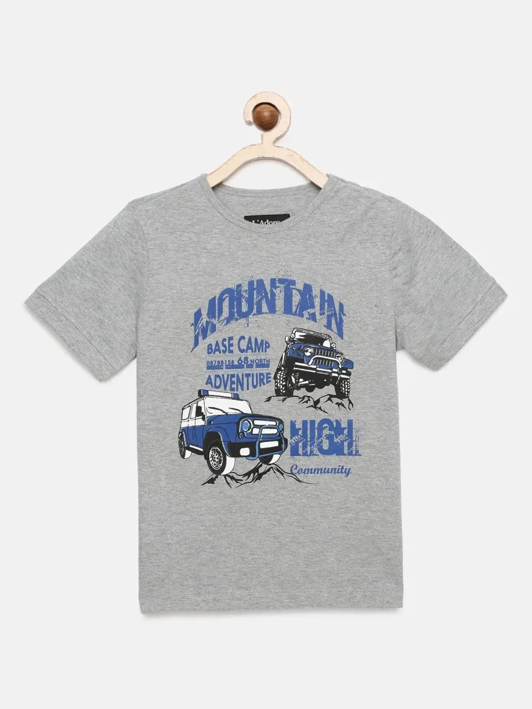 Boys Grey Heather Car Printed Round Neck Cotton T-shirt