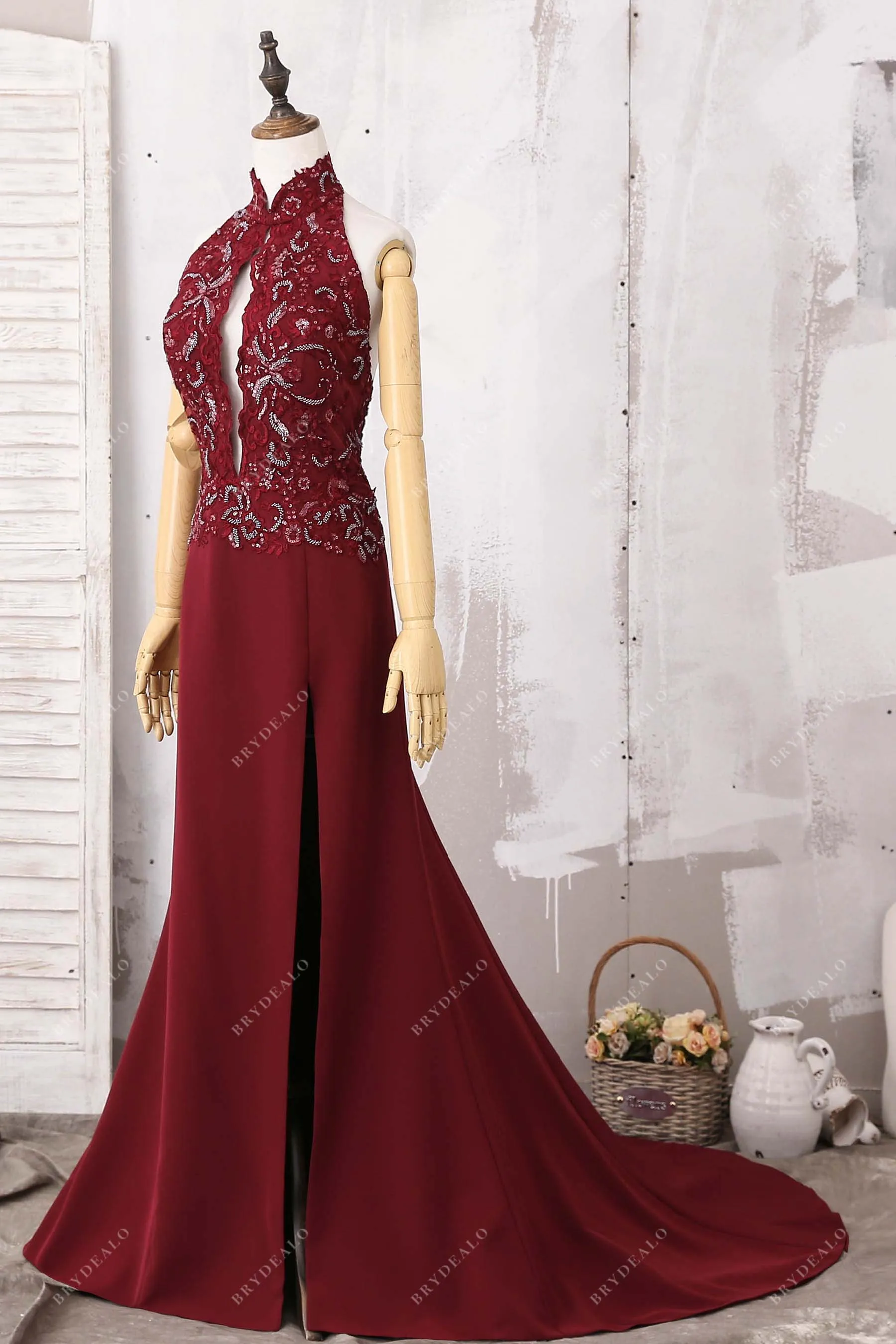 Burgundy Beaded Lace Mermaid Prom Dress