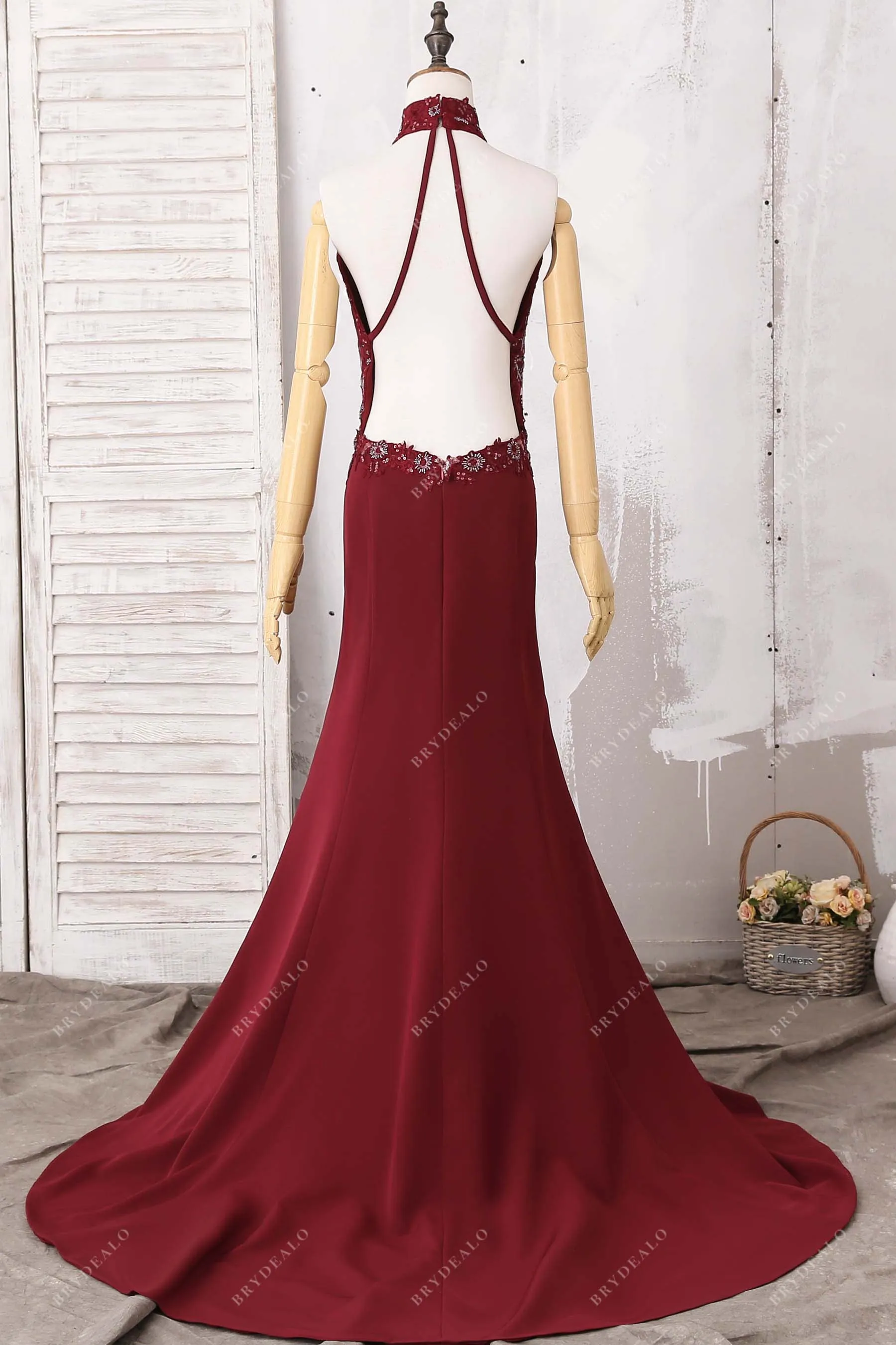 Burgundy Beaded Lace Mermaid Prom Dress