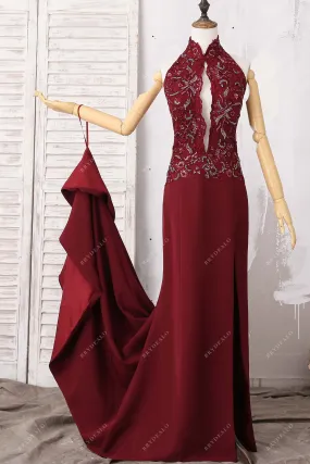Burgundy Beaded Lace Mermaid Prom Dress