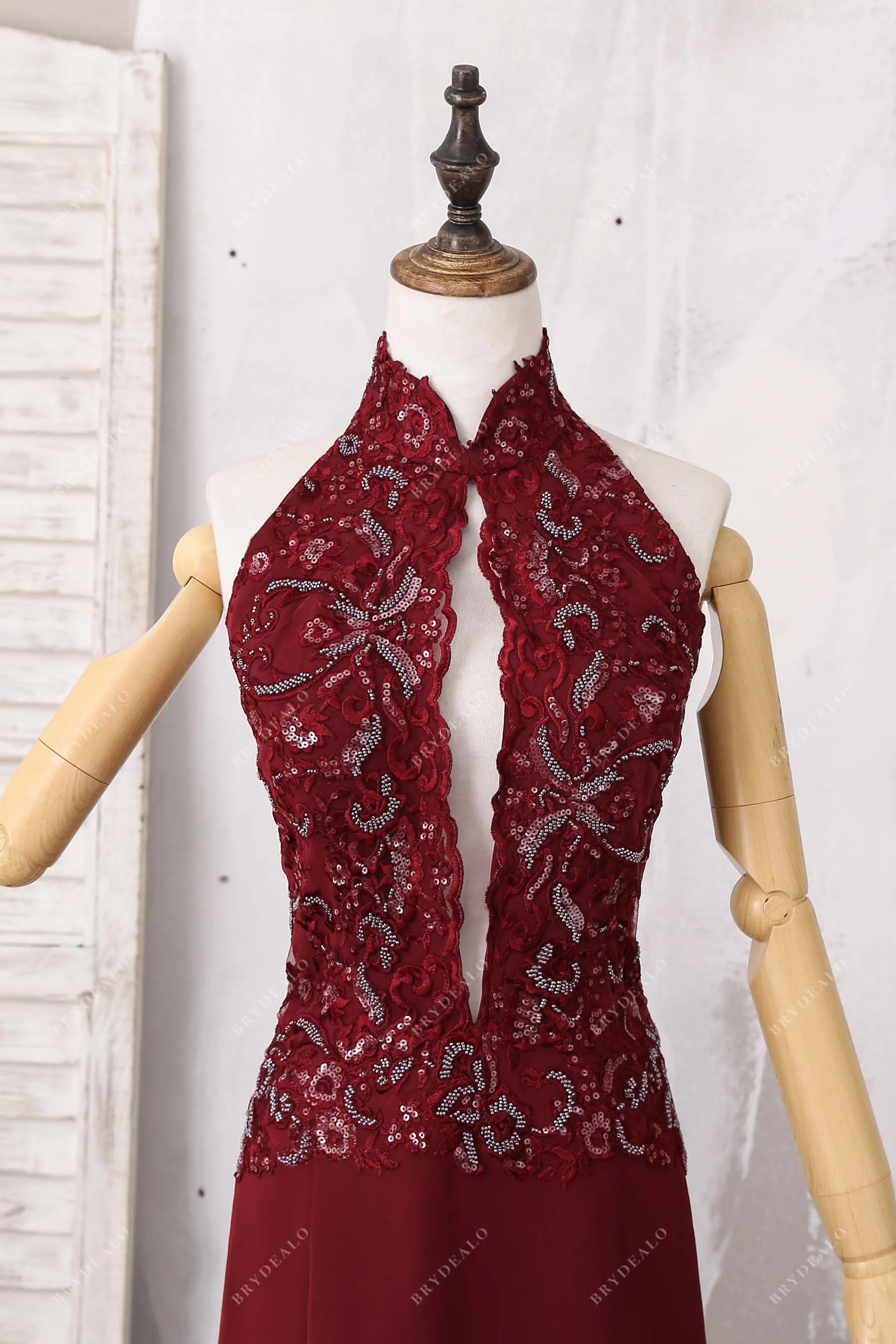 Burgundy Beaded Lace Mermaid Prom Dress