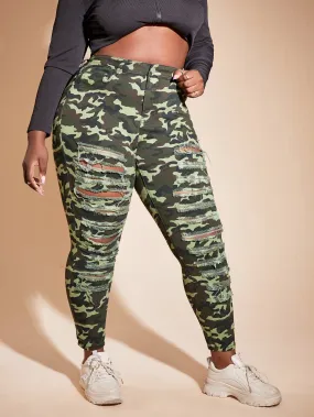 Camo Ripped High Waist Cropped Plus Size Jeans