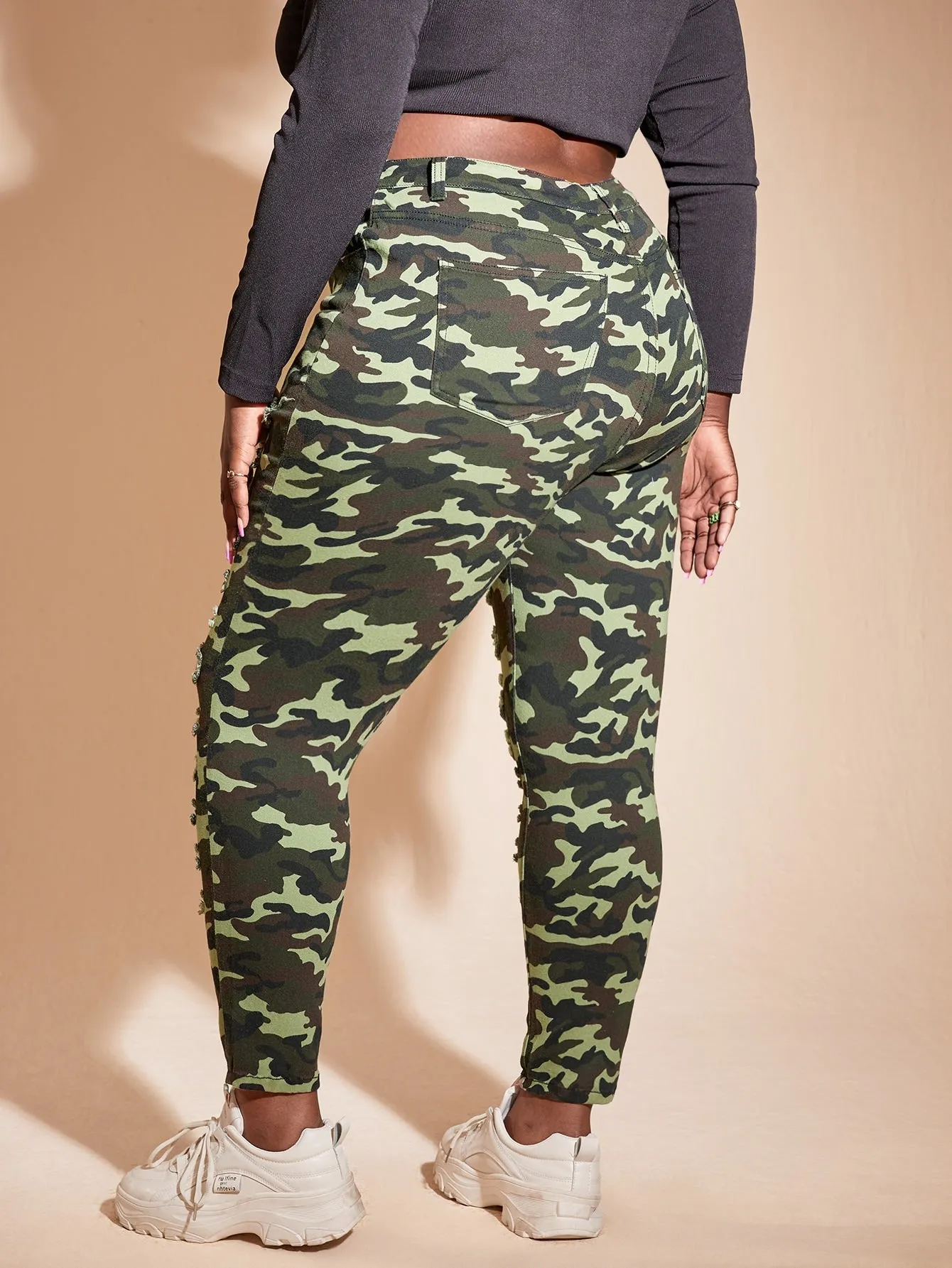 Camo Ripped High Waist Cropped Plus Size Jeans
