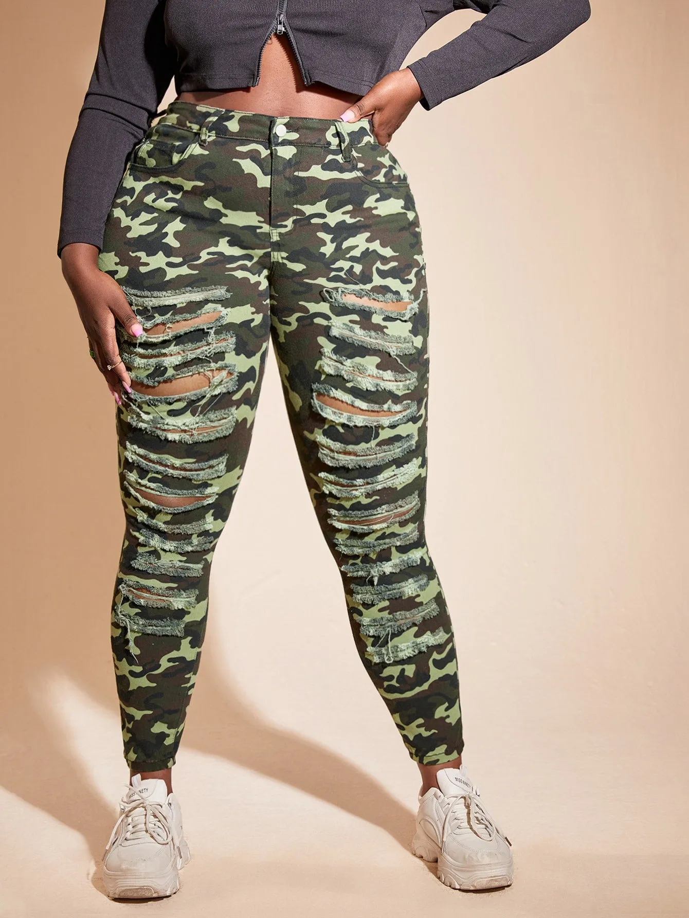Camo Ripped High Waist Cropped Plus Size Jeans