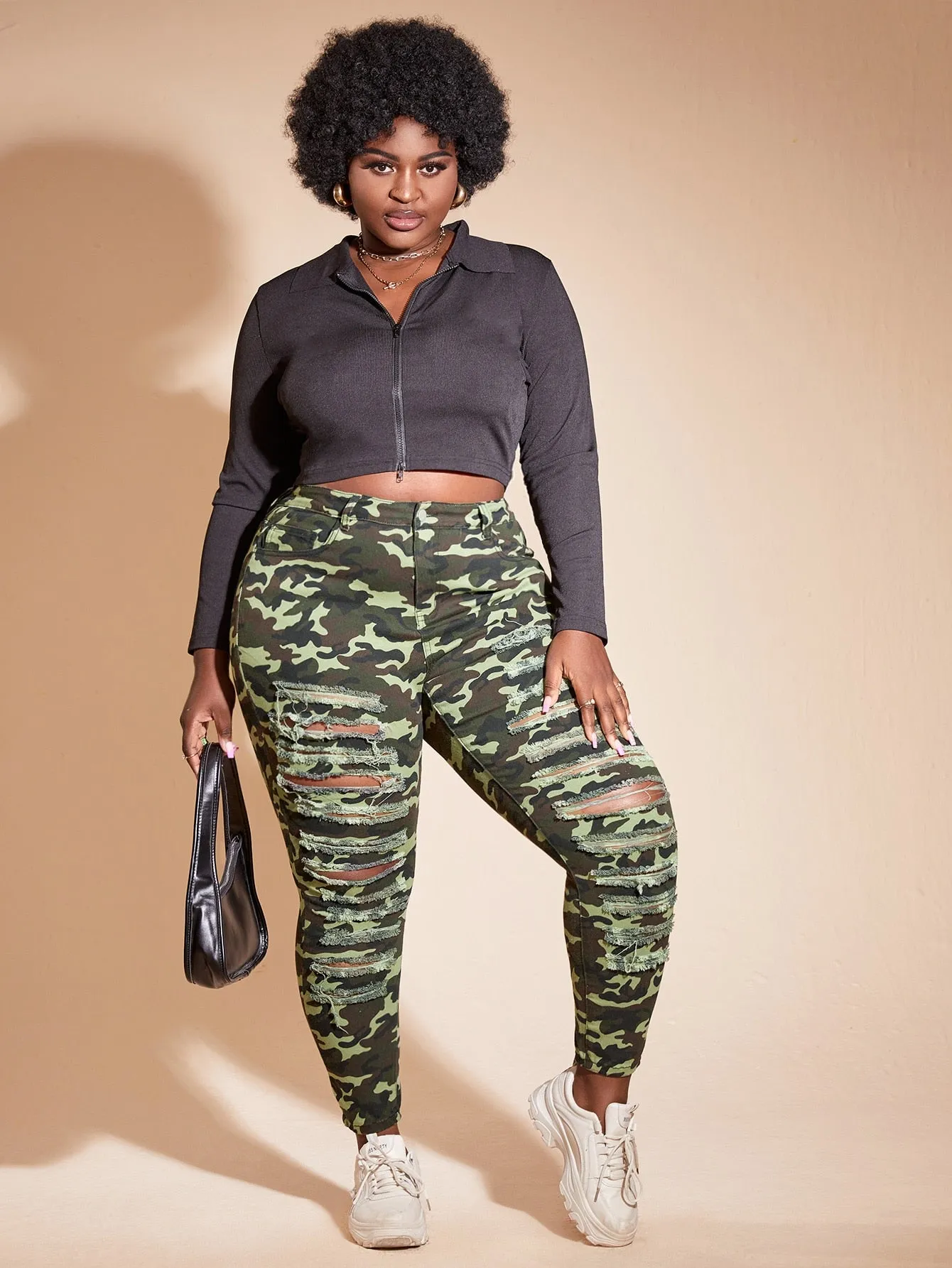Camo Ripped High Waist Cropped Plus Size Jeans