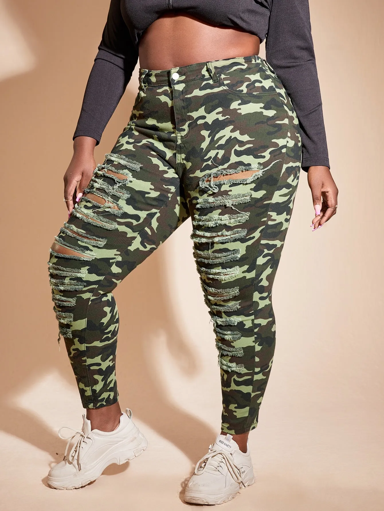 Camo Ripped High Waist Cropped Plus Size Jeans
