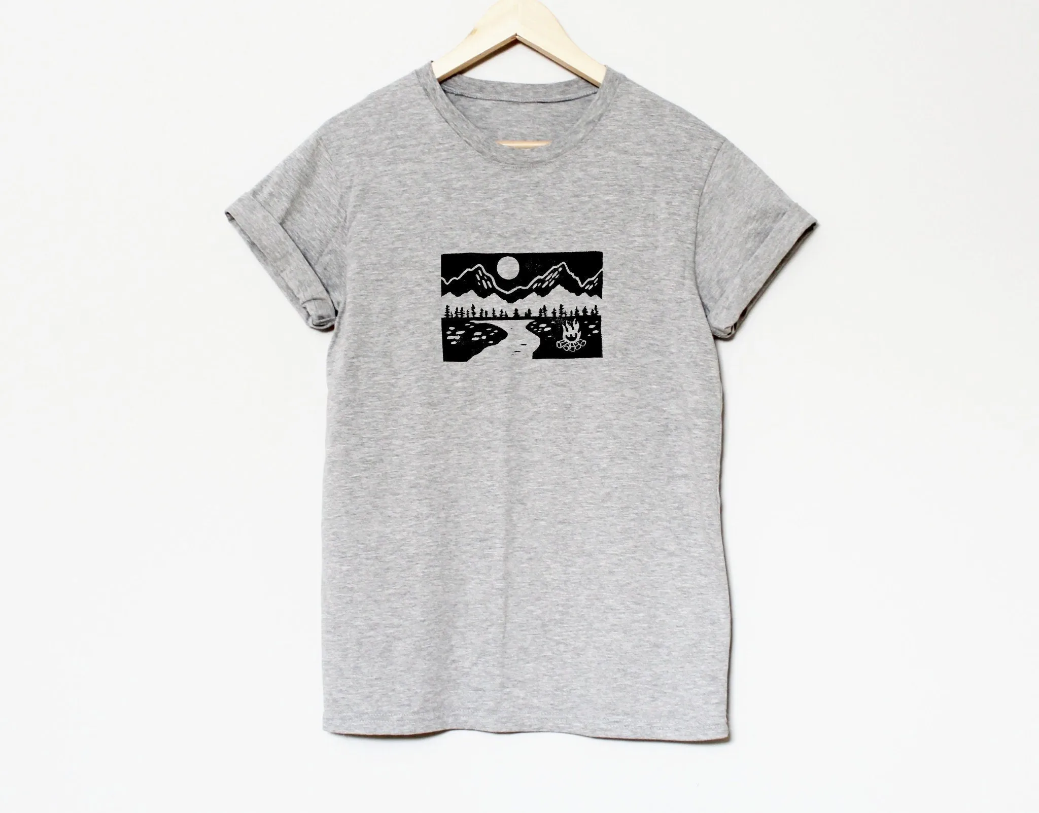 Campfire and mountain t-shirt, hand printed UNISEX tshirt, camping and outdoors tee, unique block print nature shirt, ethical summer fashion