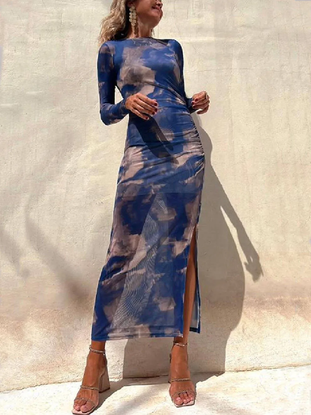 Charm Lady Mesh Overlay Tie Dye Modern Print Long Sleeve Ruched Stretch Midi Dress
