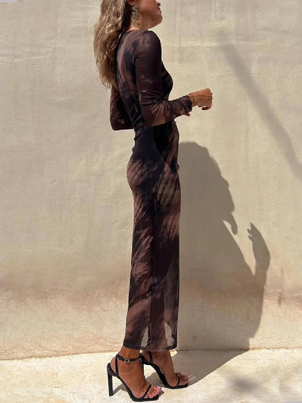 Charm Lady Mesh Overlay Tie Dye Modern Print Long Sleeve Ruched Stretch Midi Dress