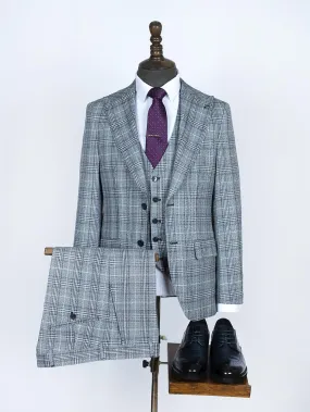 Checked Blue Pure Linen Men Summer Suit