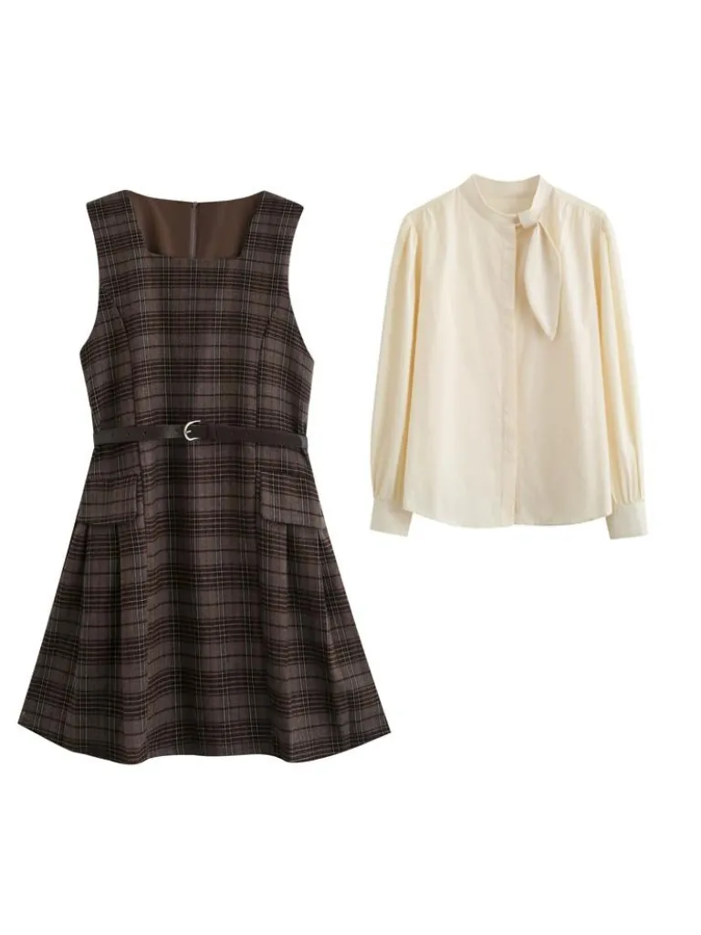 Checked Skirt Ribbon Shirt   Suspender