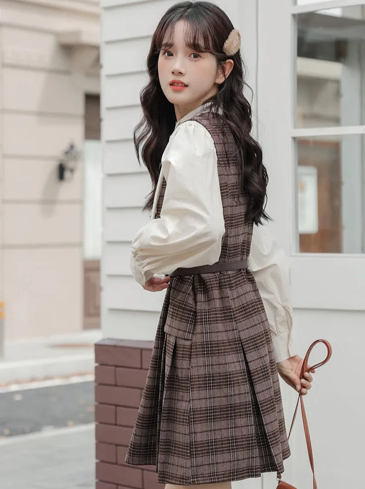 Checked Skirt Ribbon Shirt   Suspender