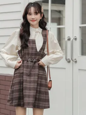 Checked Skirt Ribbon Shirt   Suspender