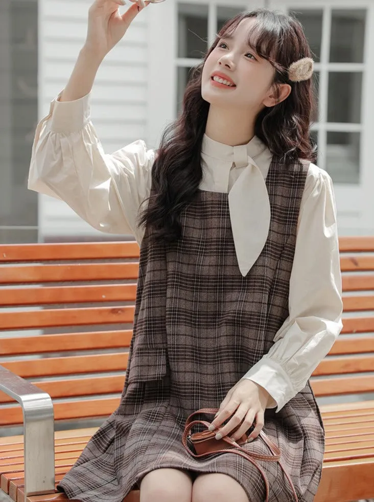 Checked Skirt Ribbon Shirt   Suspender