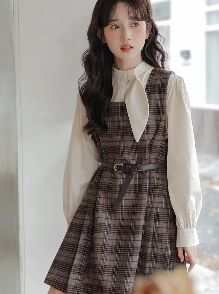Checked Skirt Ribbon Shirt   Suspender