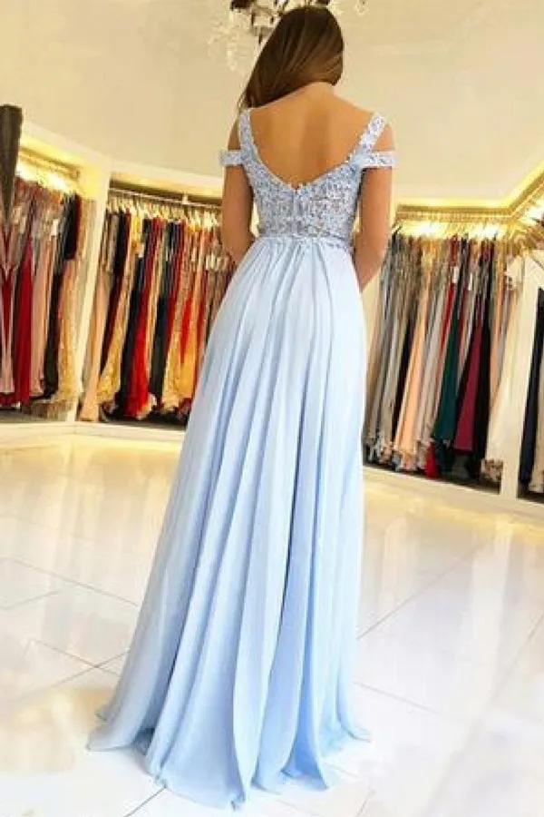 Chiffon Light Blue Lace Off The Shoulder Prom Dresses With Appliques, SP363