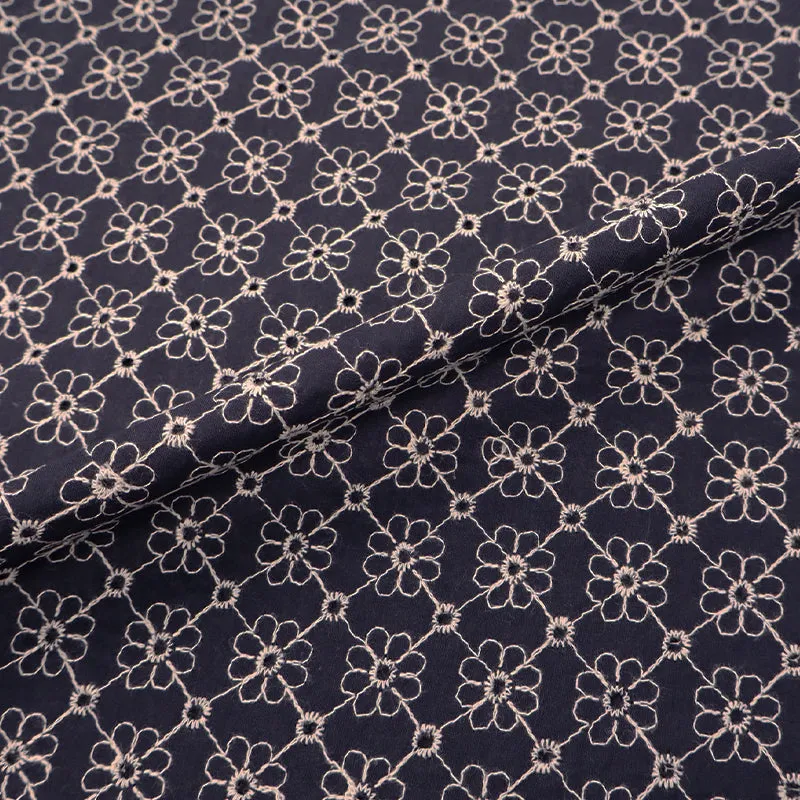 Cotton Broderie Anglaise - Navy - White Flower Lines