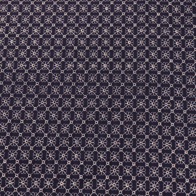 Cotton Broderie Anglaise - Navy - White Flower Lines